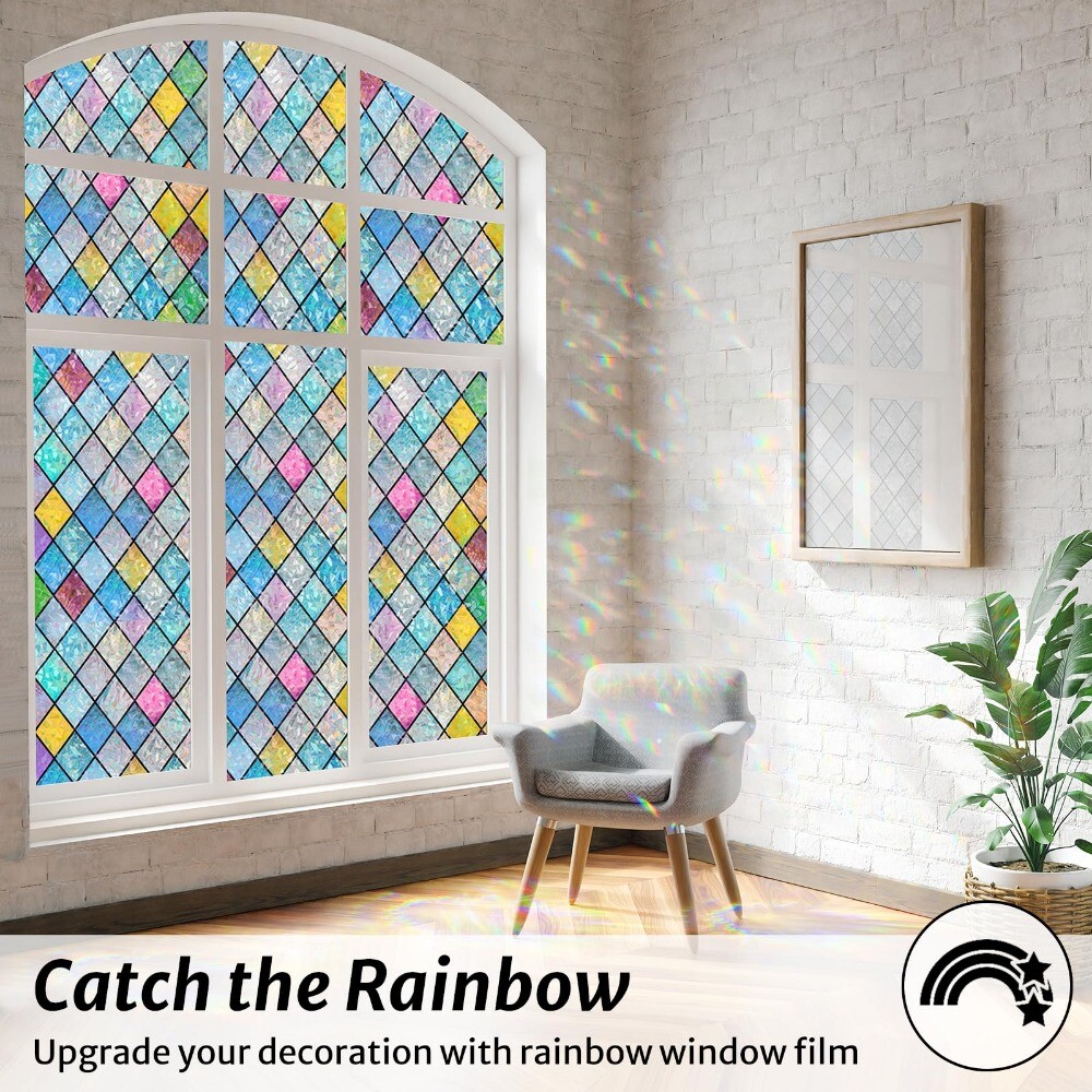 rabbitgoo Stained Glass Window Film Decorative Rainbow Colorful Lattice Sticker