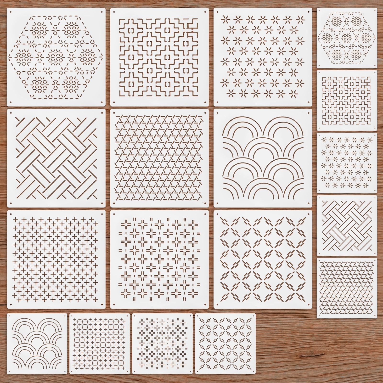 18 Pcs Plastic Sashiko Stencil, 4.7 x 4.7 Inch Geometric Embroidery Sashiko P