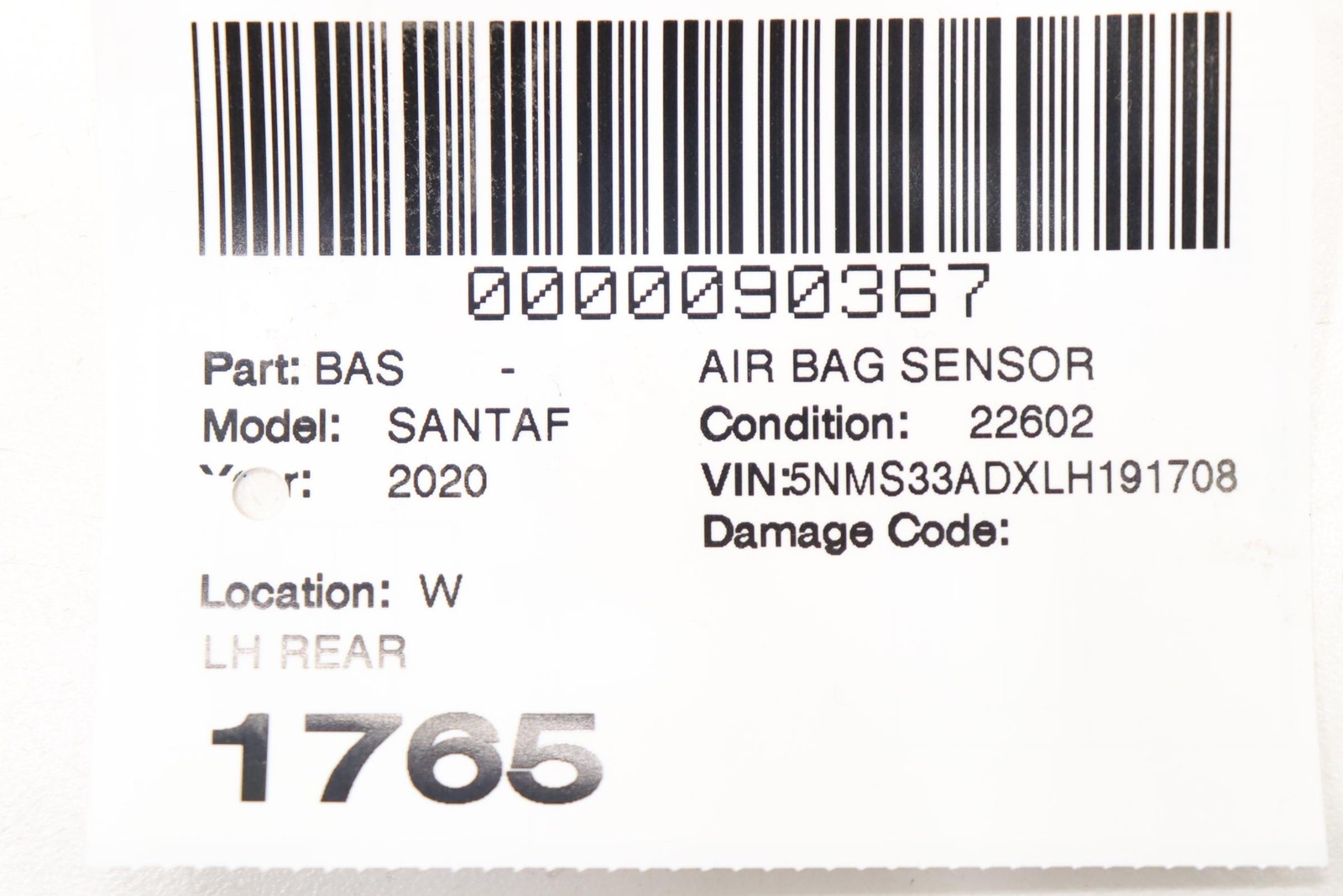 2019 - 2023 HYUNDAI SANTA FE REAR LEFT AIRBAG CRASH IMPACT SENSOR OEM 95920S1000