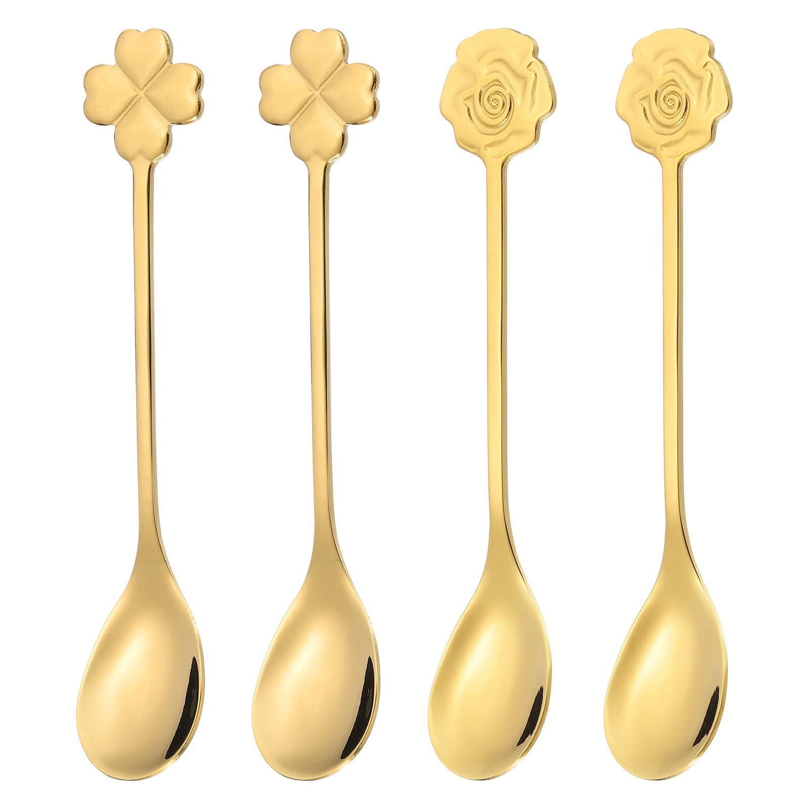 4pcs Coffee Spoons, Rose/Four Leaf Grass Tea Spoons Stainless Steel, Gold