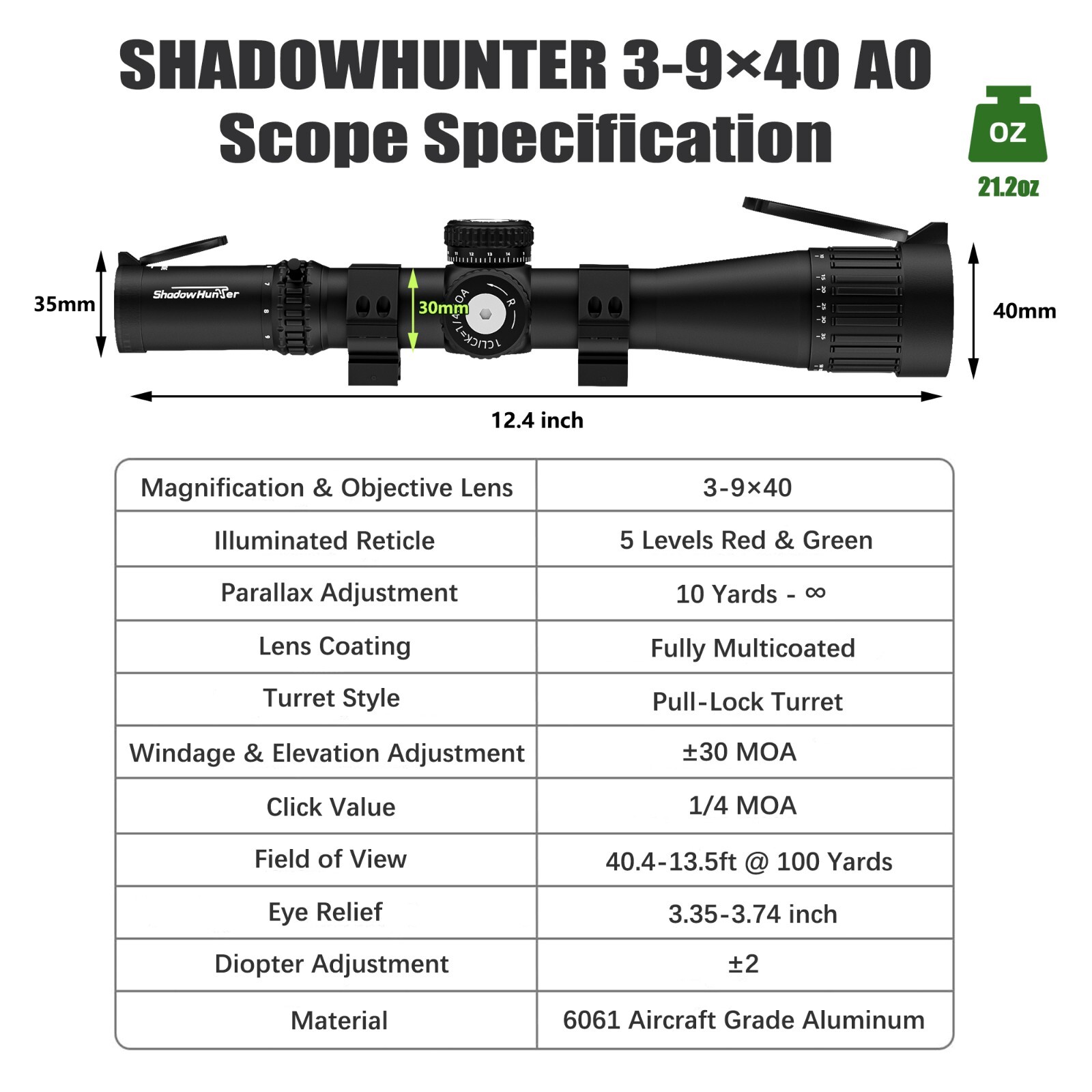 3-9x40 Rifle Scope with Mil-Dot Reticle, Zero Reset and Pull-Lock Turrets