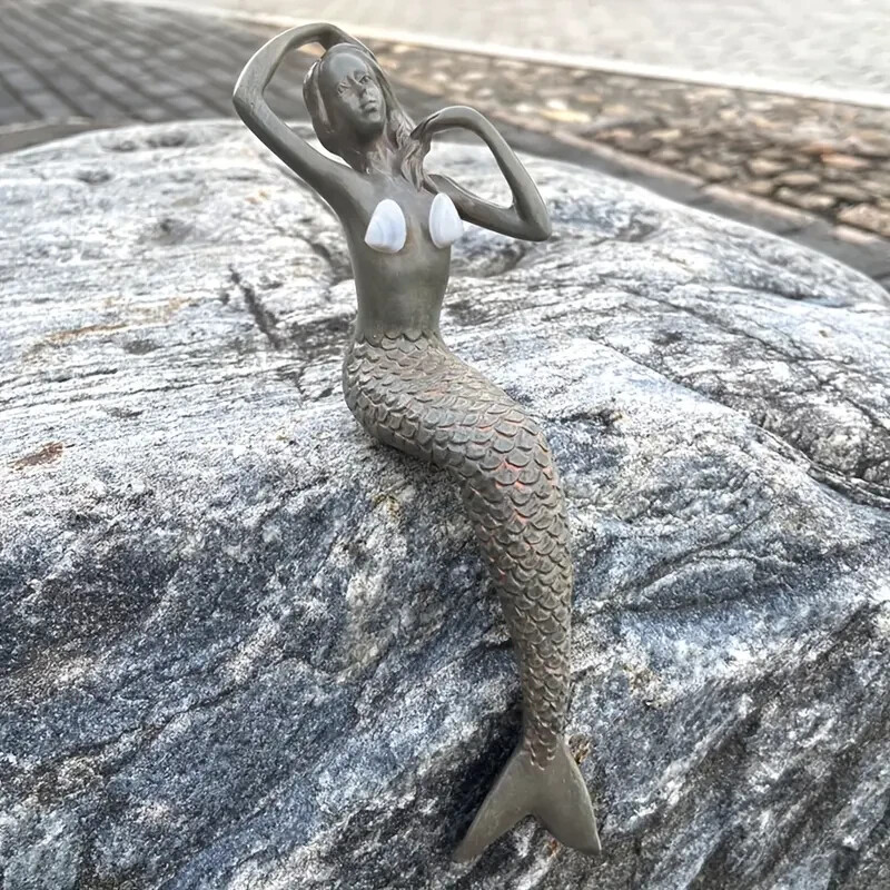 NEW 8" Vintage Silver Style Shelltop Mermaid Sits Resin Figurine Sculpture 8x2.4