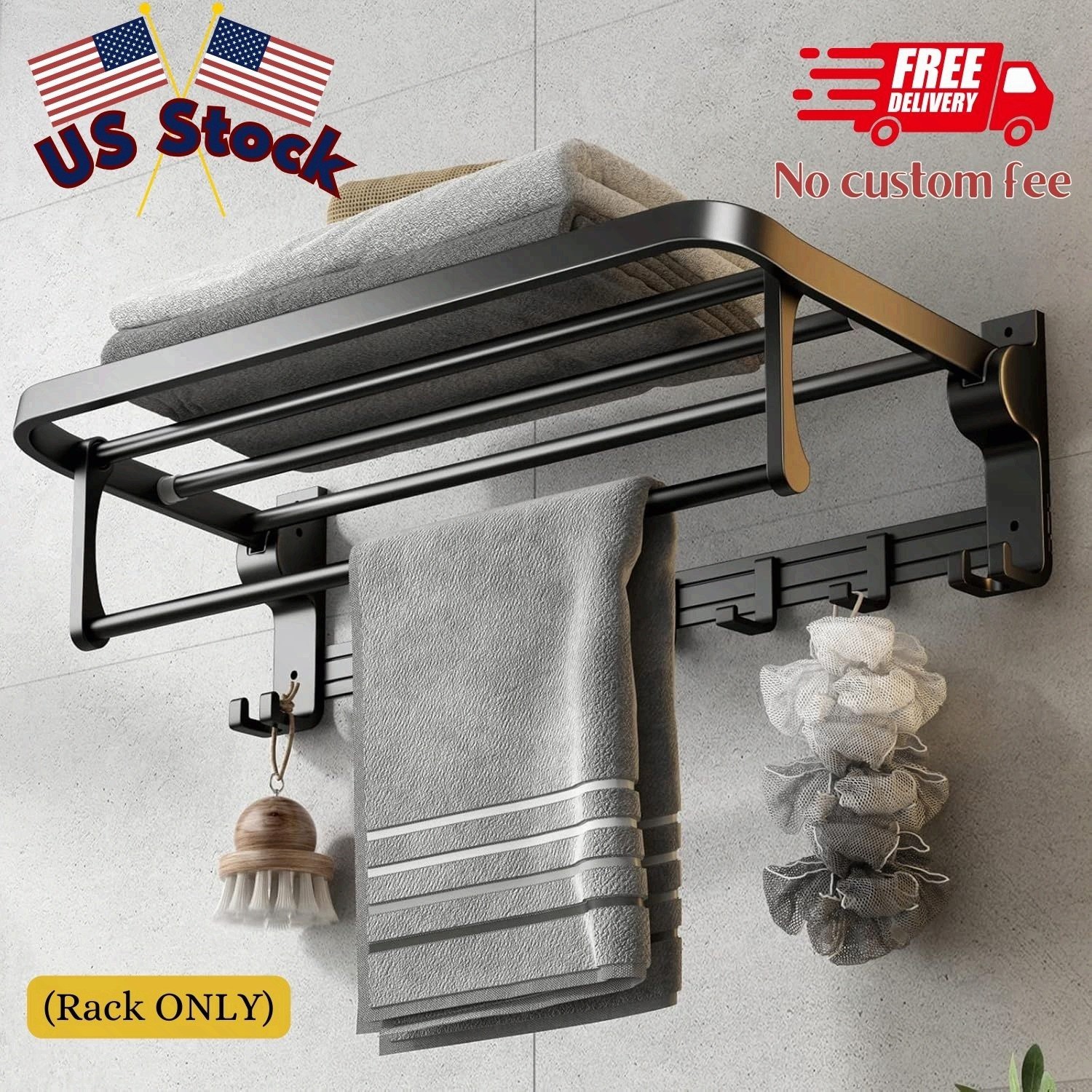 24 Inch Towel Rack with Towel Bar Holder Foldable Towel Shelf with Movable Hooks
