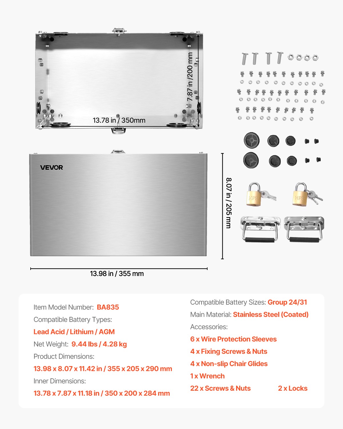 VEVOR Battery Box Group 24/31 Stainless Steel Shell for Cars & Trolling Motors