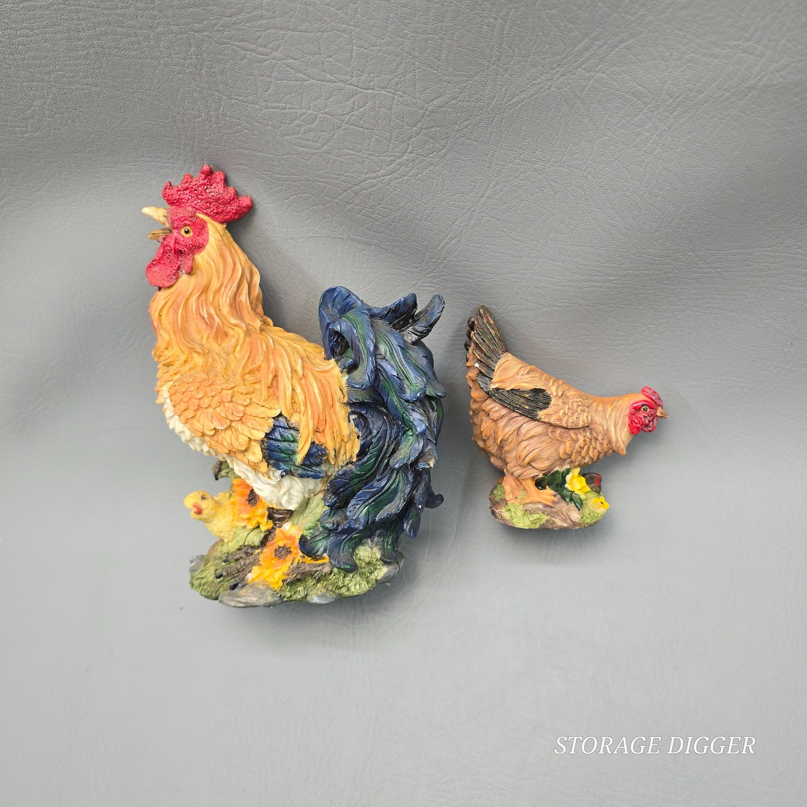 Vintage Resin Rooster and Hen Animal Figurines Farmhouse Decor 2 Pcs 9 in