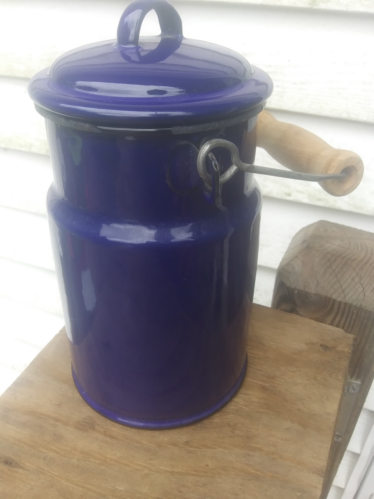 Vintage Blue Enamel White Inside Milk Pail w/Lid Wooden Handle Made in Holland