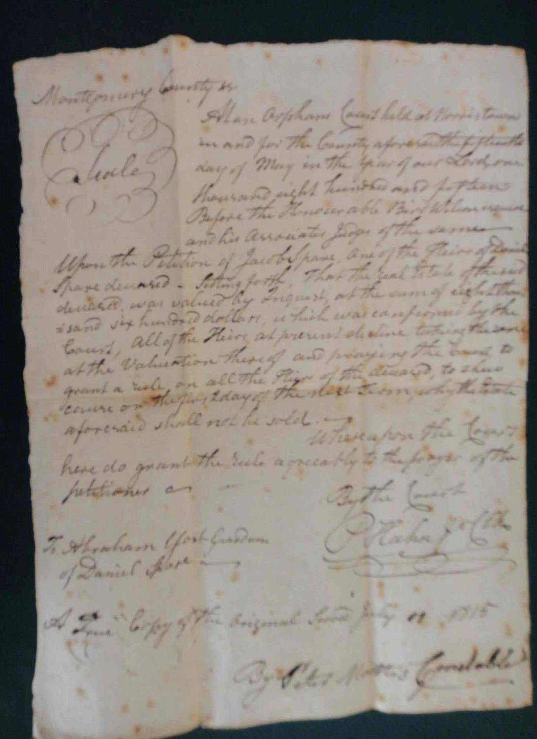 1815 antique NORRISTOWN PA handwritten LEGAL DOCUMENT Jacob SPARE Dan YOST land