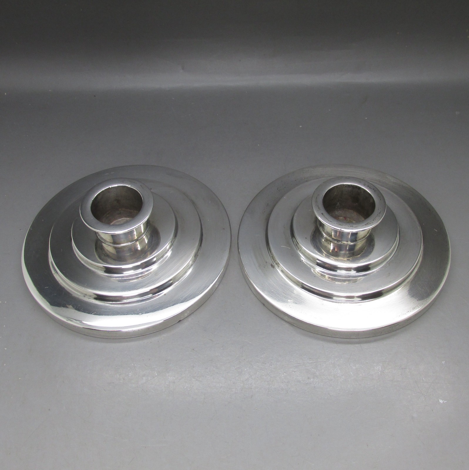 ART DECO SUPERB PAIR SOLID SILVER INTERIOR DESIGN CANDLESTICKS 312g DENMARK 1935