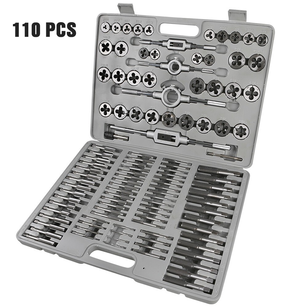 110PCS Metric Large Tap & Die Set Rethreading Thread Hole Threader Renew Threads