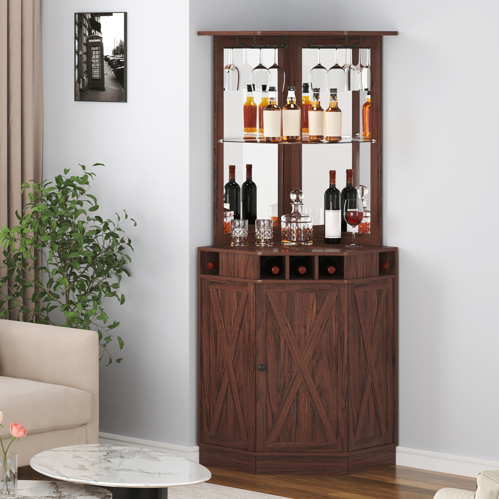 VEVOR Industrial Bar Cabinet Wine Bar Table with Glass Holder for Liquor & Glass