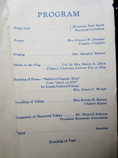 1931 Program EXERCISES UNVEILING TABLET Grave CAPTAIN DANIEL BRAY, Rosemont. NJ