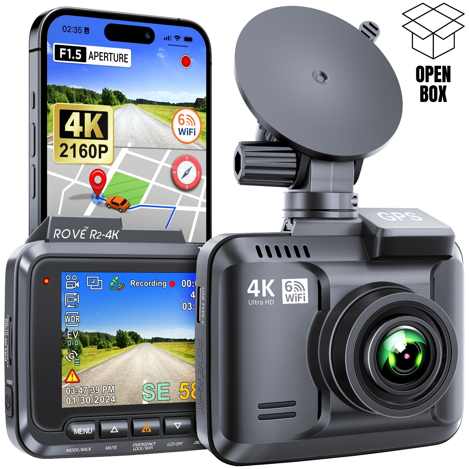 ROVE R2-4K Car Dash Cam Built-in WiFi & GPS [Open Box]