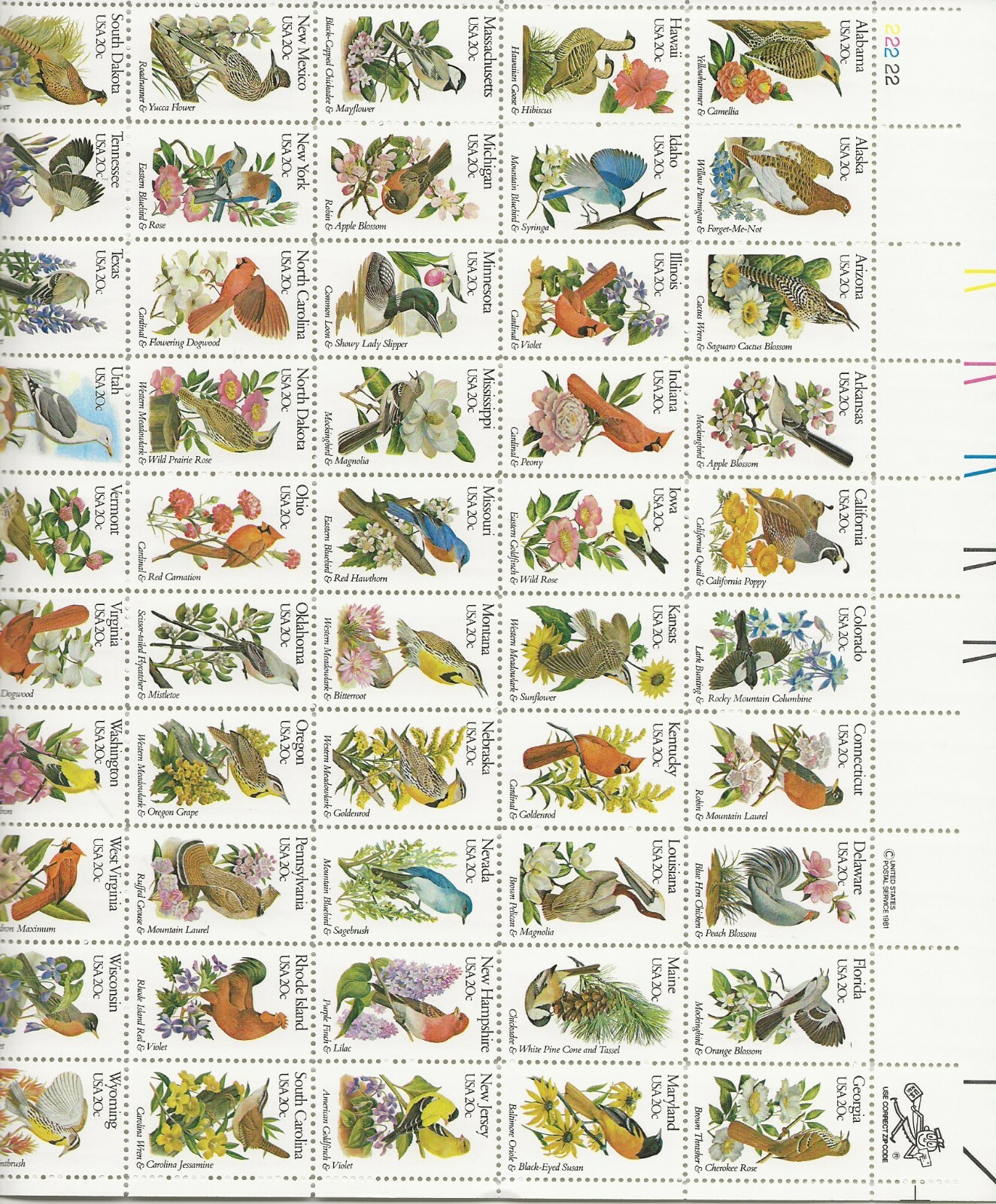1982 20 cent Birds and Flowers full sheet of 50, Scott #1953-2002, Mint NH