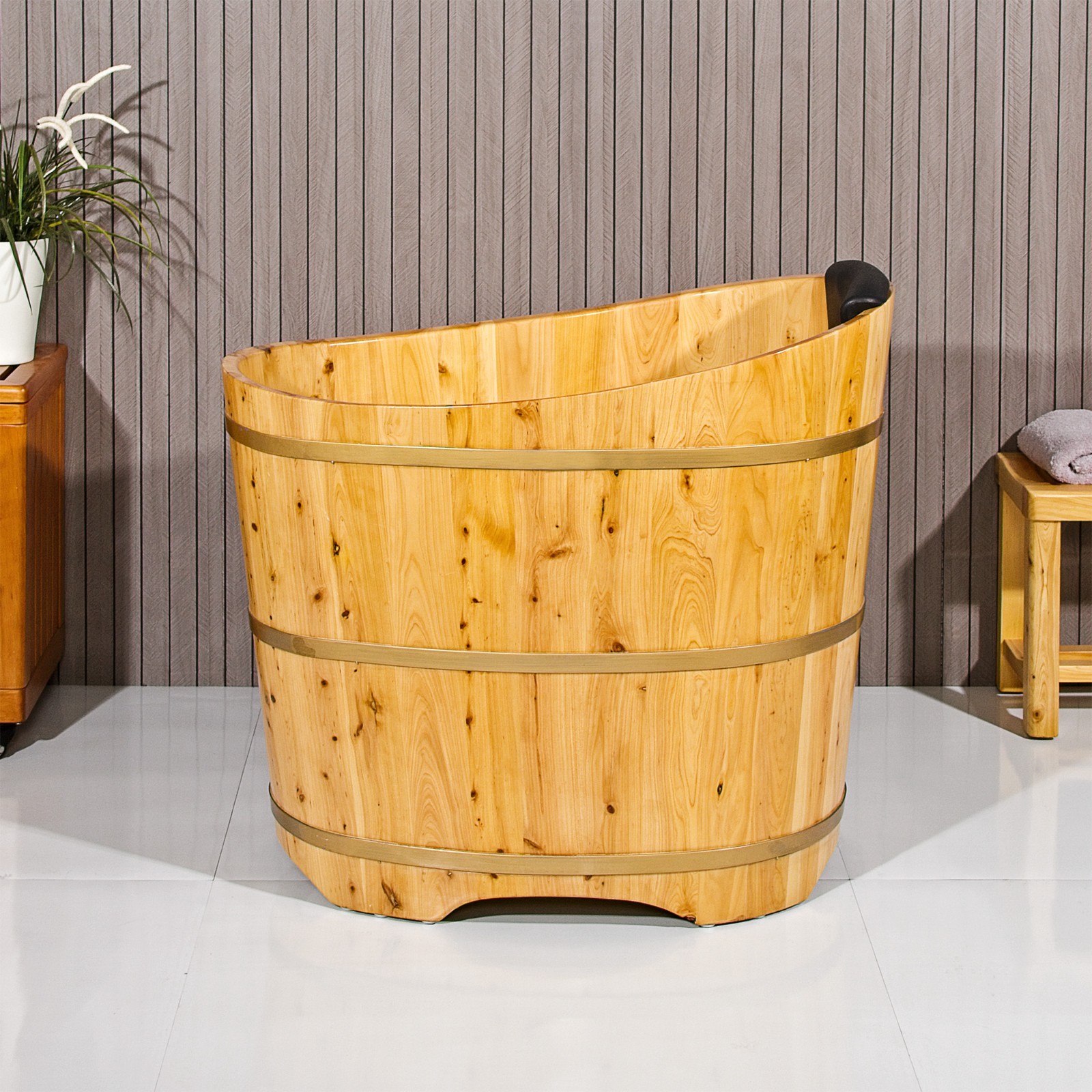 JRYTIN 34” Japanese Soaking Tub, Mobile Freestanding Wood Bath for Small Spaces