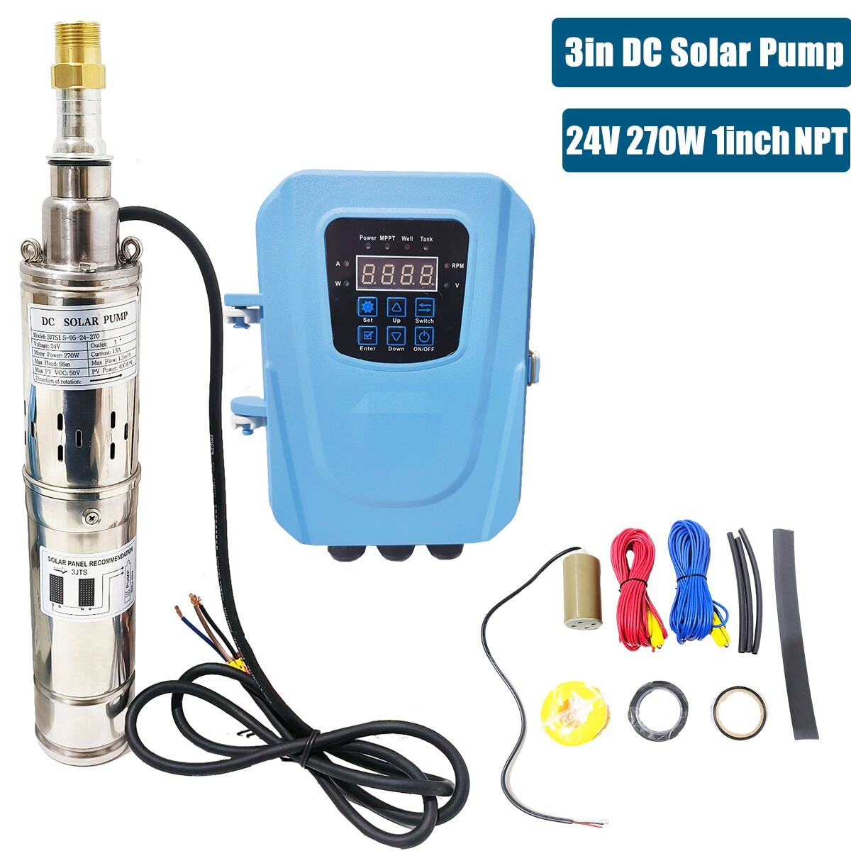 3" Solar Pump Submersible Pump Bore DC 24V 270W Deep Well Pump + MPPT Controller