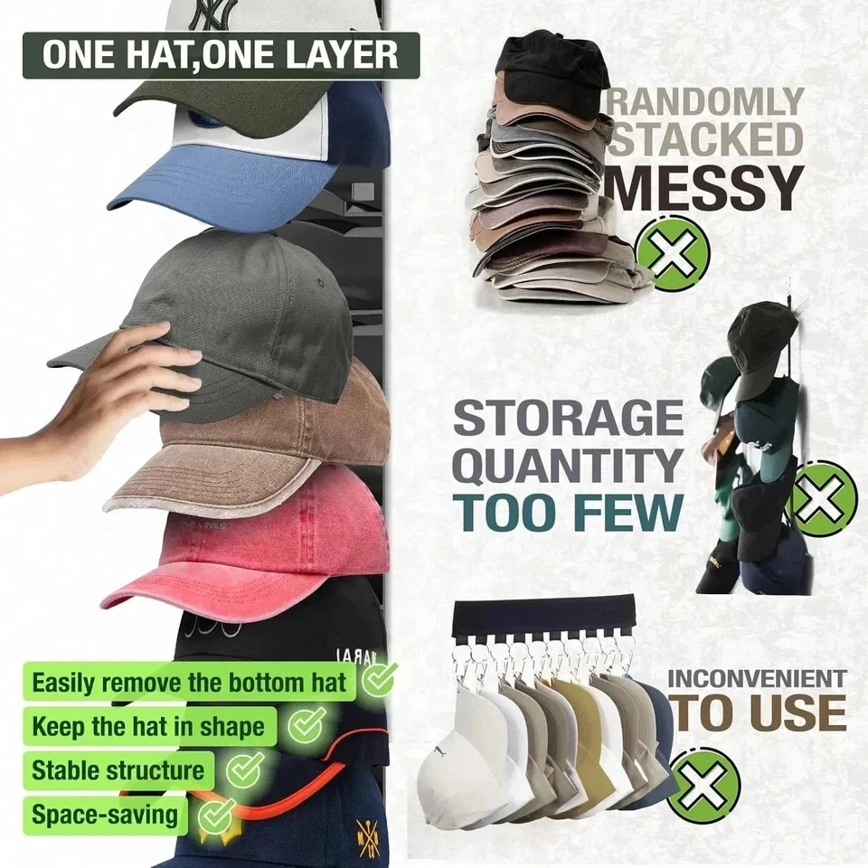 2 Pack Hat Organizer for Baseball Caps, Hat Rack for Wall with Strong Adhesive