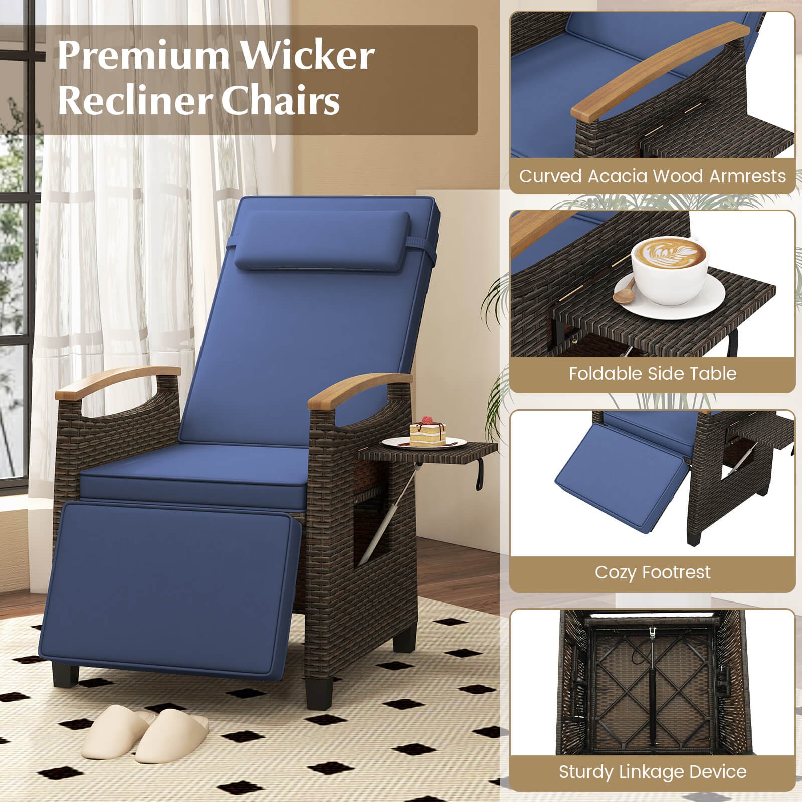 2PCS Patio Wicker Recliner Chair w/Adjustable Backrest Footrest Flip Side Table