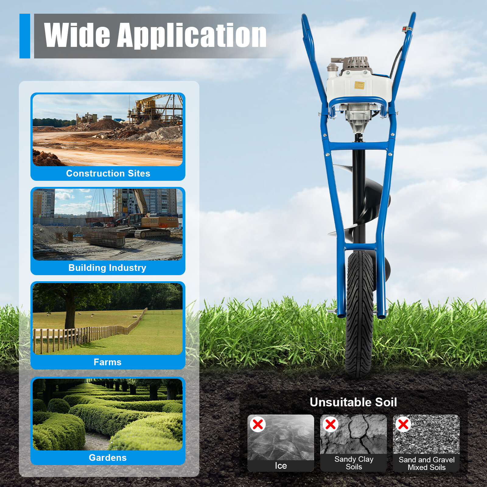 63cc 3hp Gas Powered Post Hole Digger Earth Auger with 12-Inch Bit