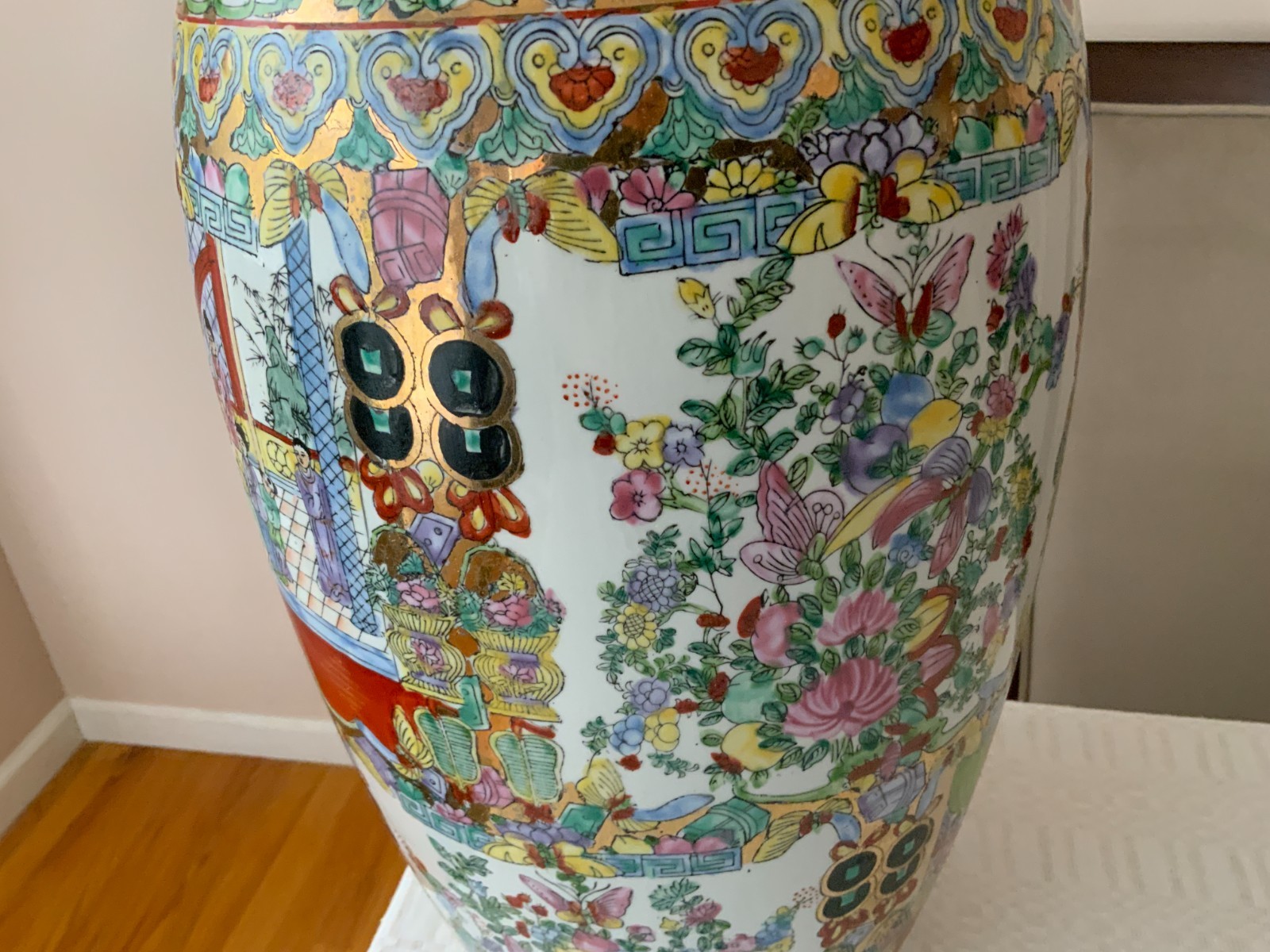 Large 24" Vintage Chinese Polychrome floor vase scenes flowers people