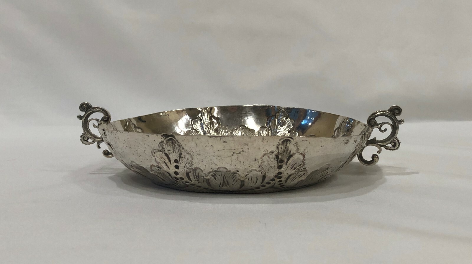 Hanau Sterling Silver Folk Scene of Piper Bowl/Wine Taster Germany c. 1900