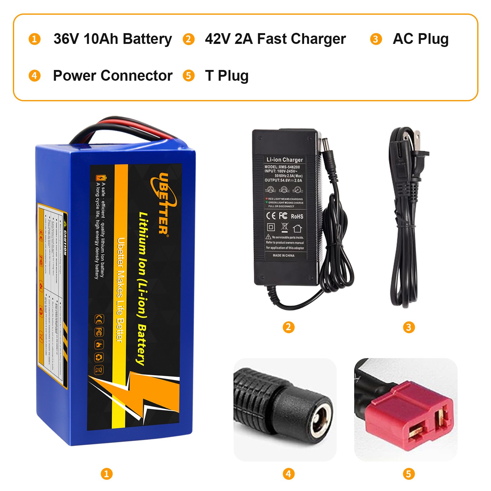 36V 10Ah Lithium Battery with 42V 2A Charger, Built-in 30A BMS, 0-1400W Motors