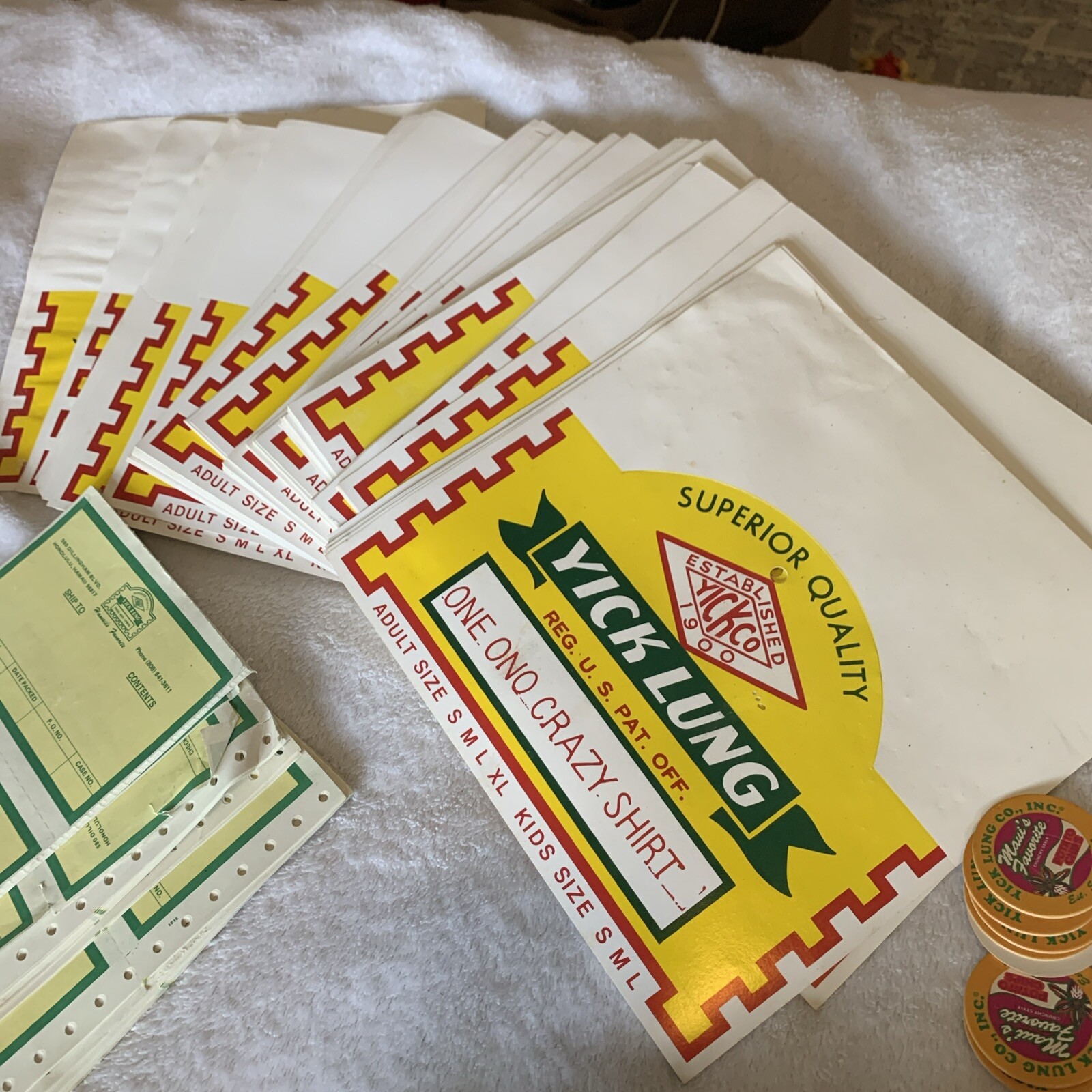 Rare Vintage Hawaii Yick Lung Lot Labels, Shirts, POGS, Decals Etc.