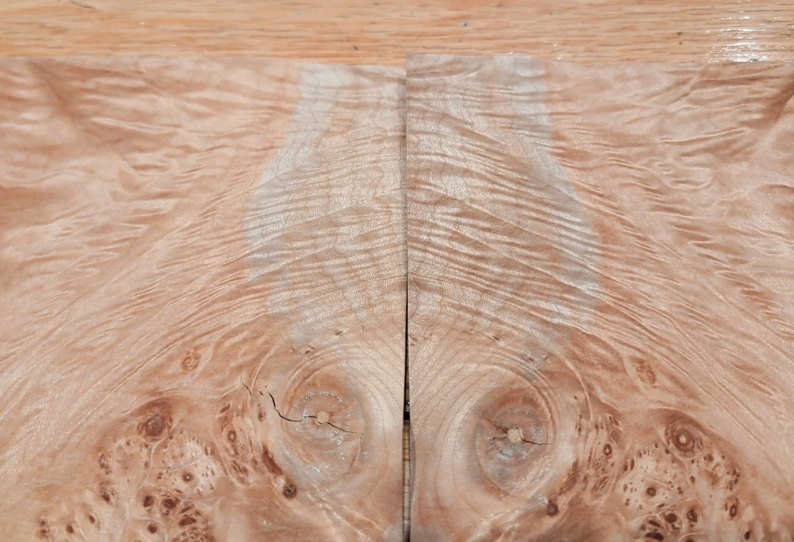 Maple Burl veneer 2 pieces 8" x 10 1/8" each raw 1/42" wood Buckled