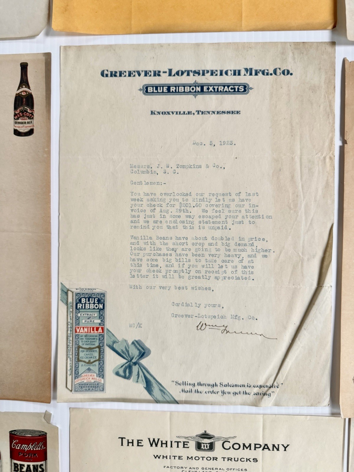 Lot 11 Antique 1923 Letterheads, Campbells, Calumet, White Trucks, Cigar, Hotel