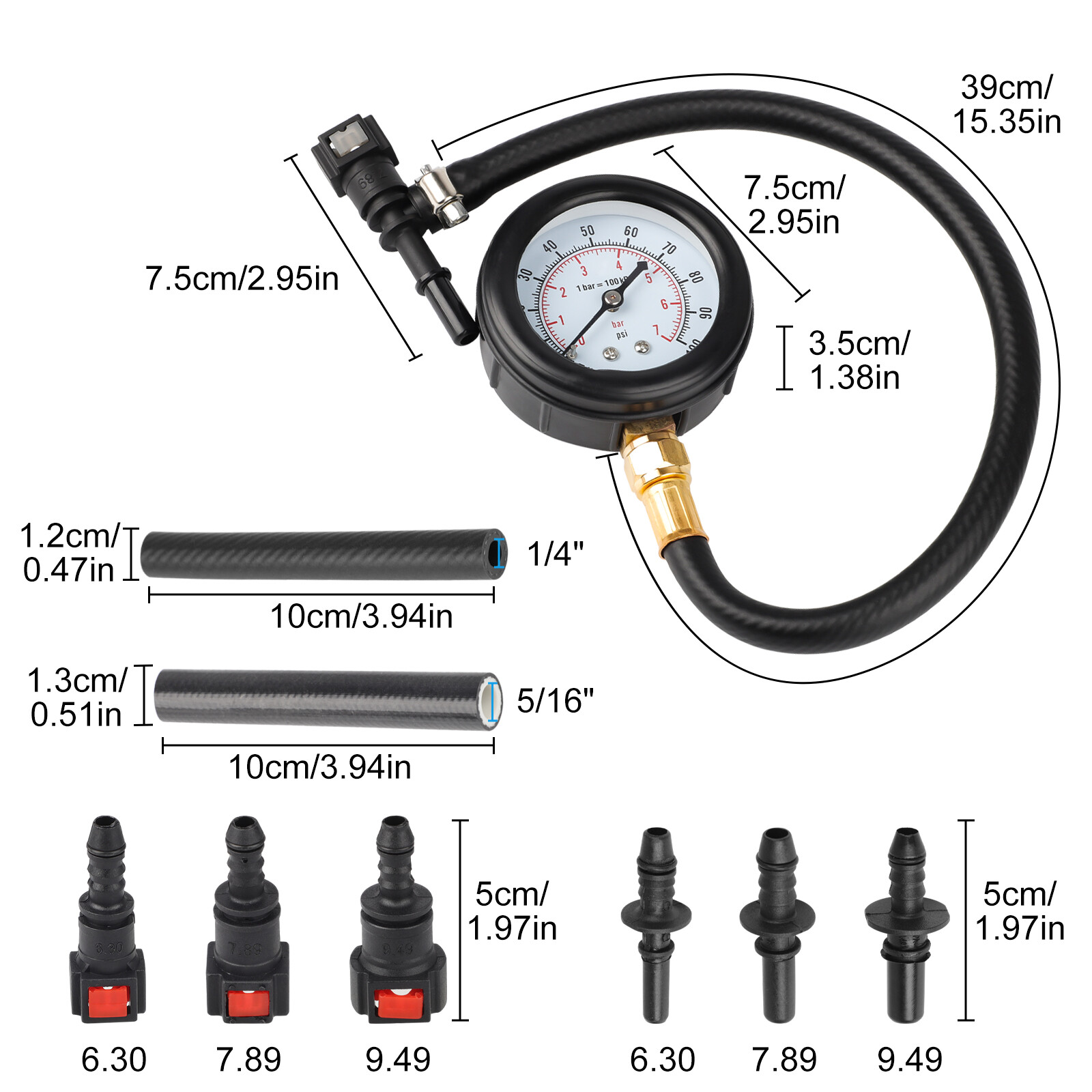 Fuel Injection Pressure Tester Injector Pump Gauge Kit with 3 Connectors 100 PSI