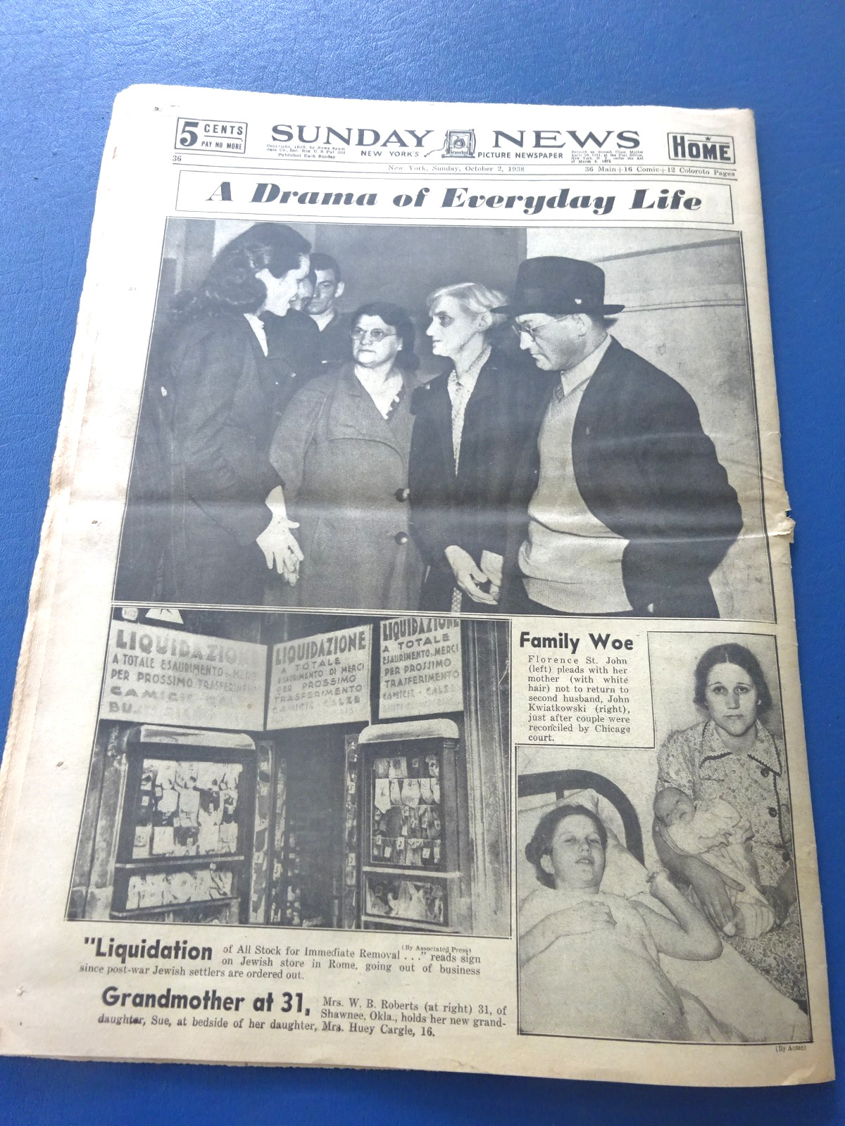 1938 NY Sunday News, Prelude War, Children Slay Parents, Yankees, Monte Stratton