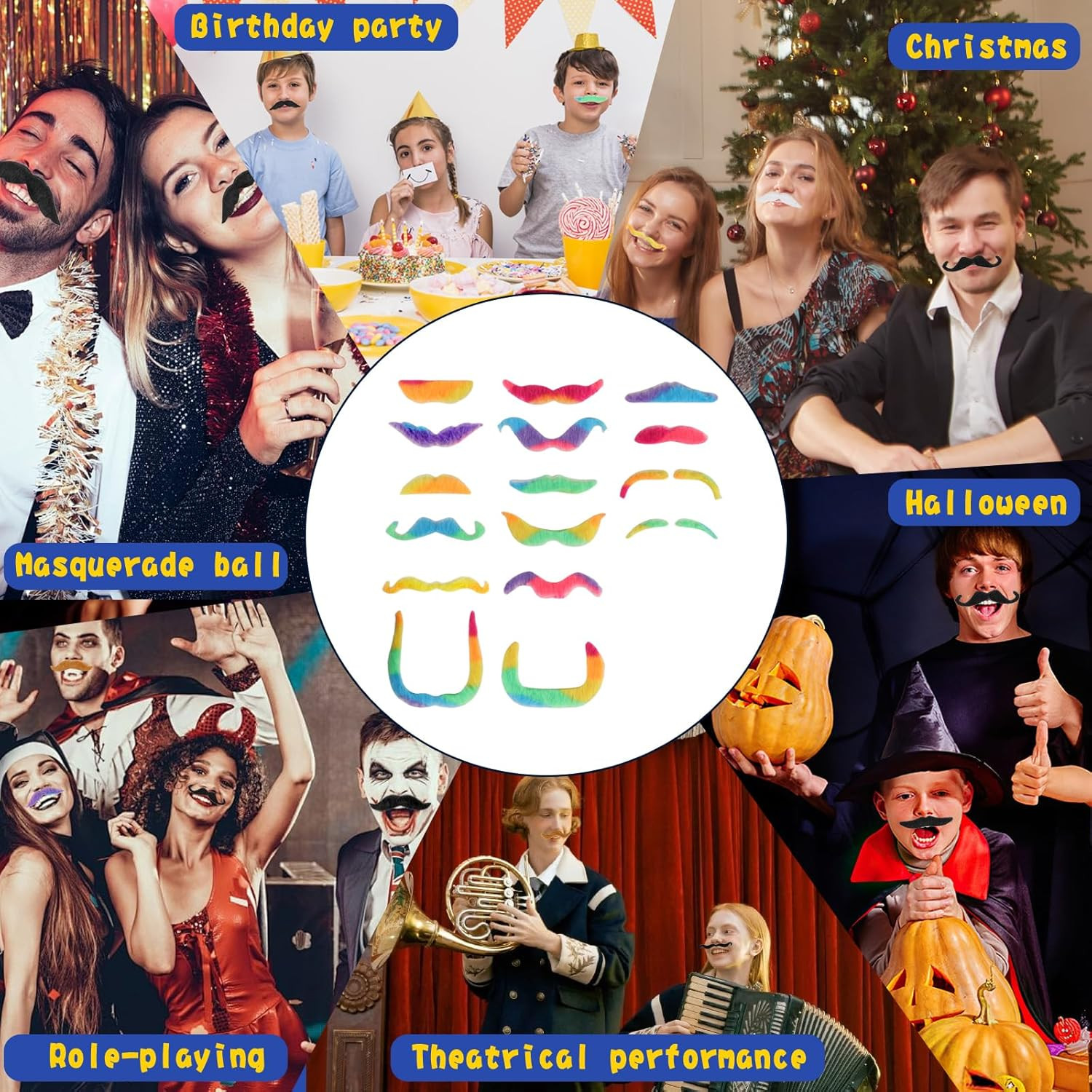62PCS Self-Adhesive Fake Mustaches for Parties, Halloween & Role-Playing