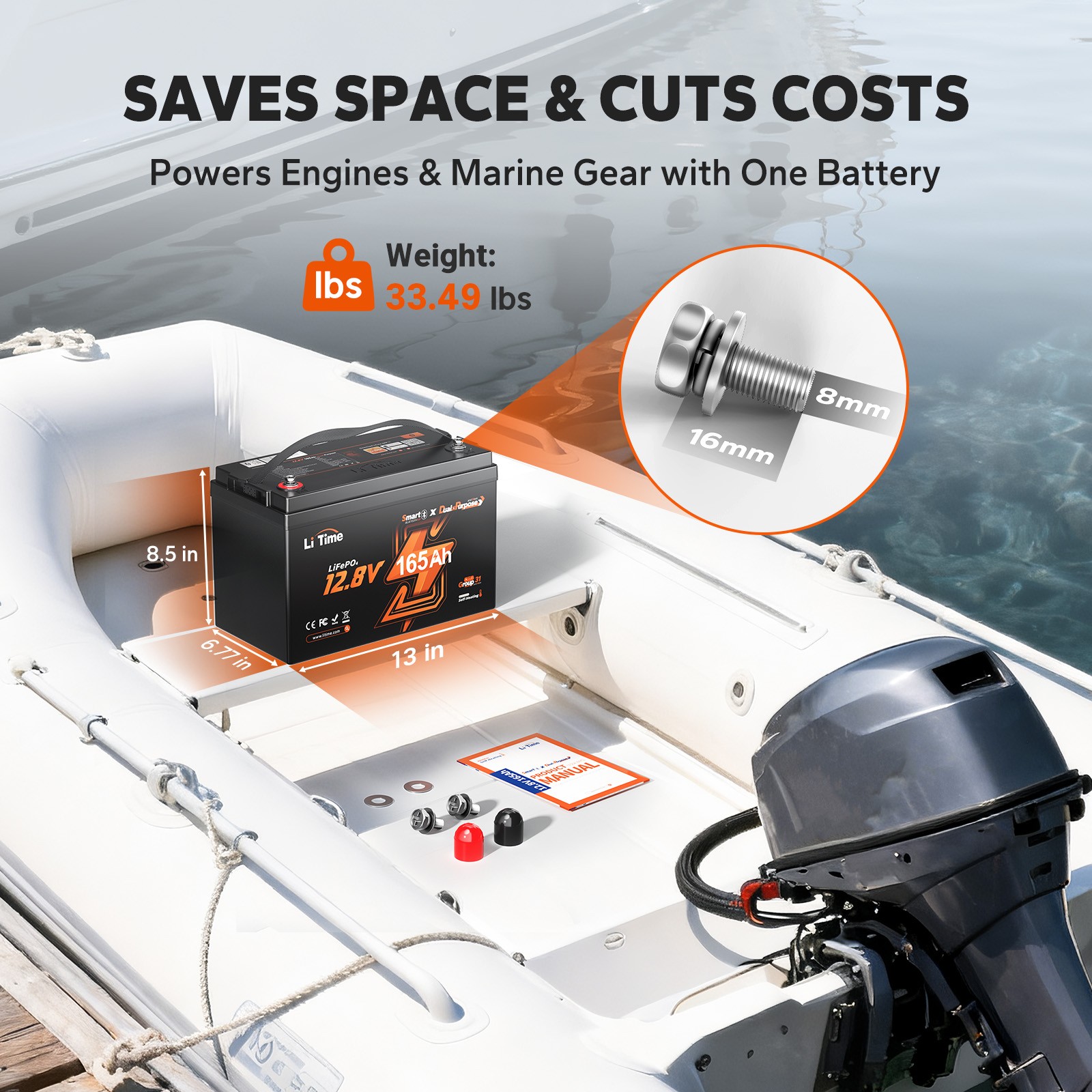 LiTime 12V 165Ah Dual Purpose LiFePO4 Marine Battery CCA 1200 For Outboard Motor