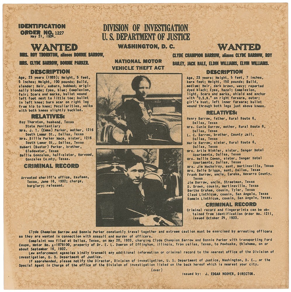 Bonnie & Clyde Wanted Poster Texas Murders Gang Mob Bonnie Parker Clyde Barrow ⭐