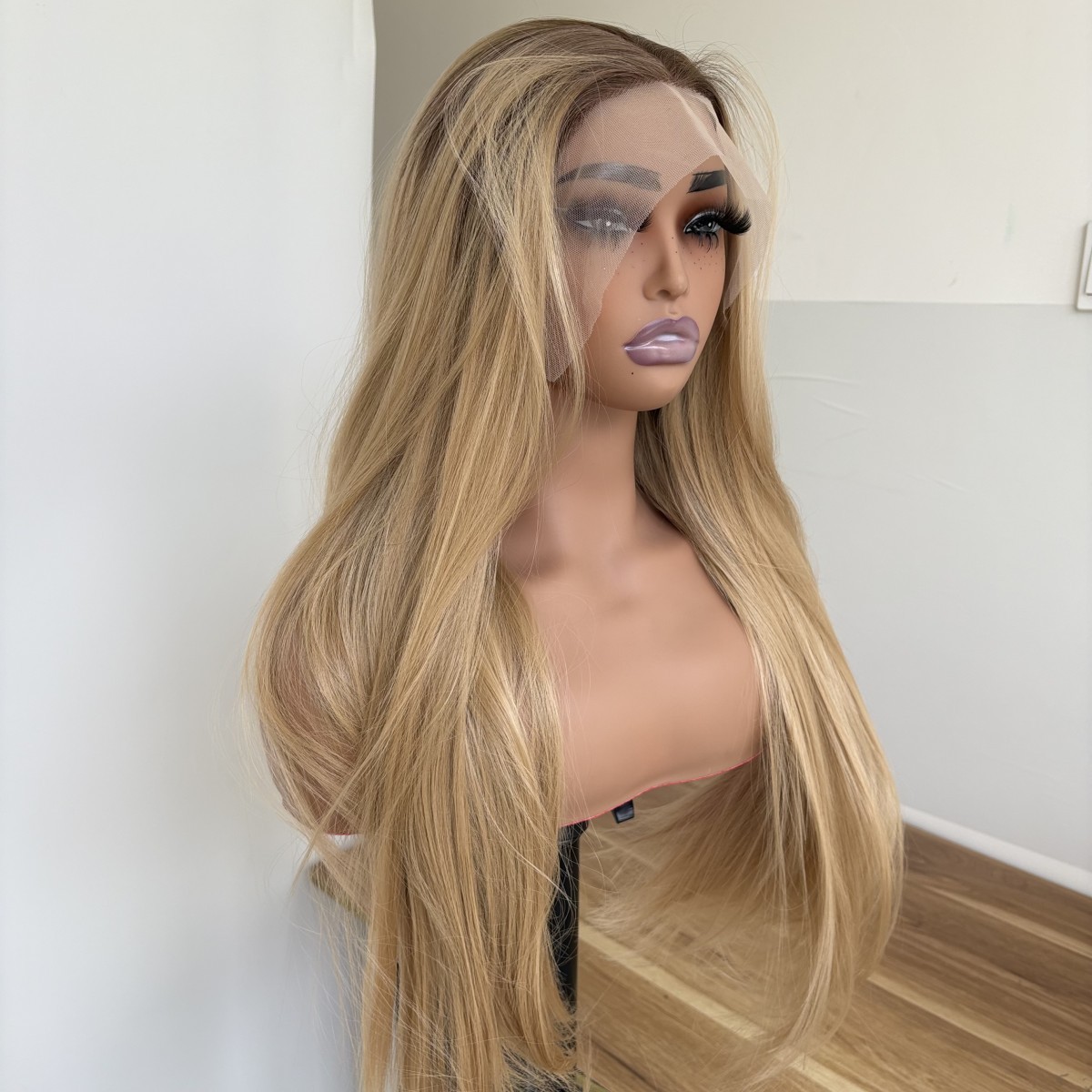 Synthetic Hair Heat Resistant HD T Lace Front Wig Long Straight Ombre Blonde