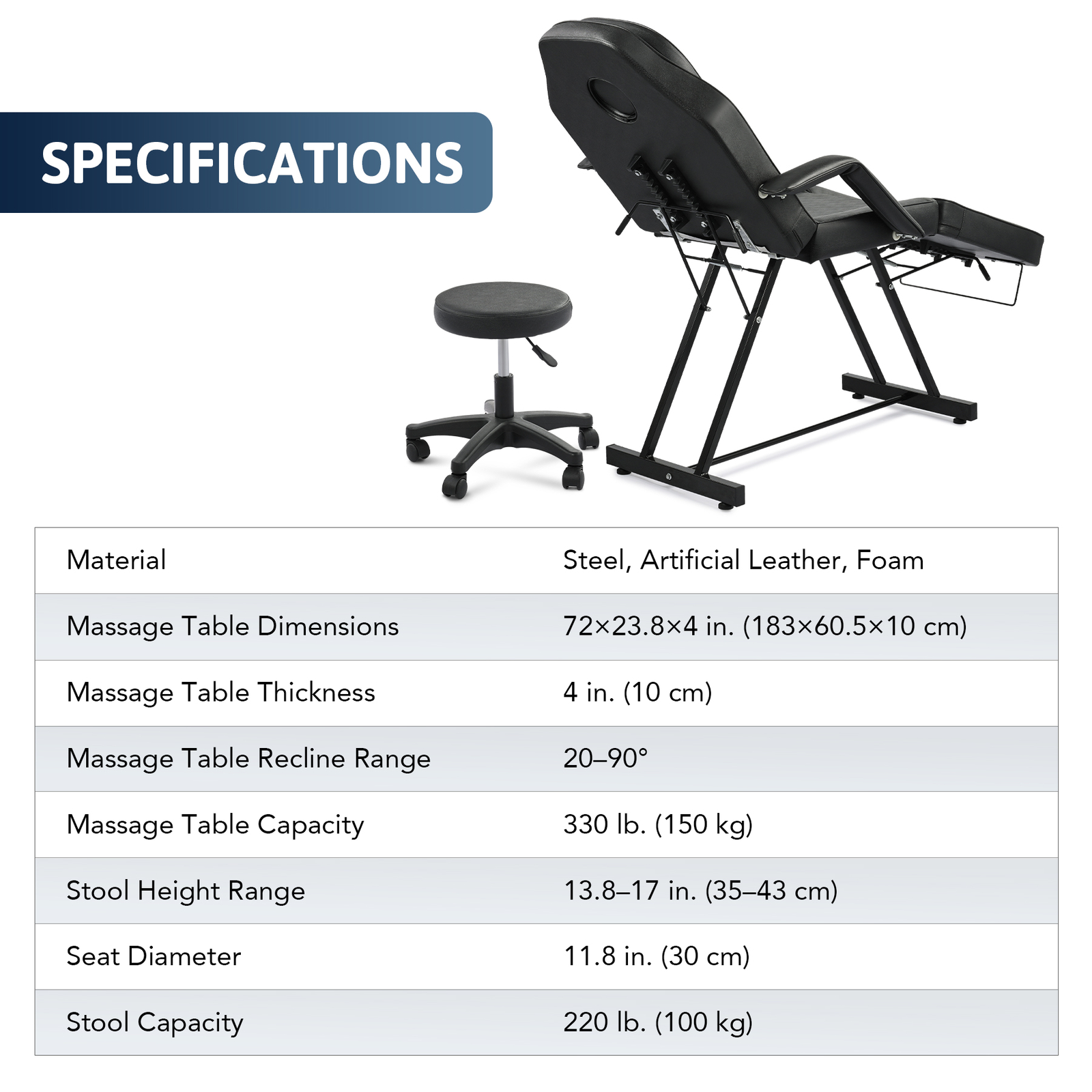 Adjustable Black Massage Chair+Stool Table Tattoo Facial Bed Barber Salon Spa