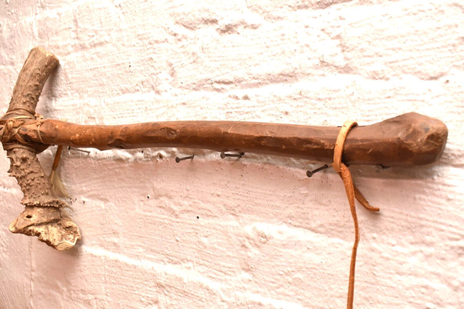 Antique Native American Indian Plains carved Wood W ANTLER war club Axe Tomahaw