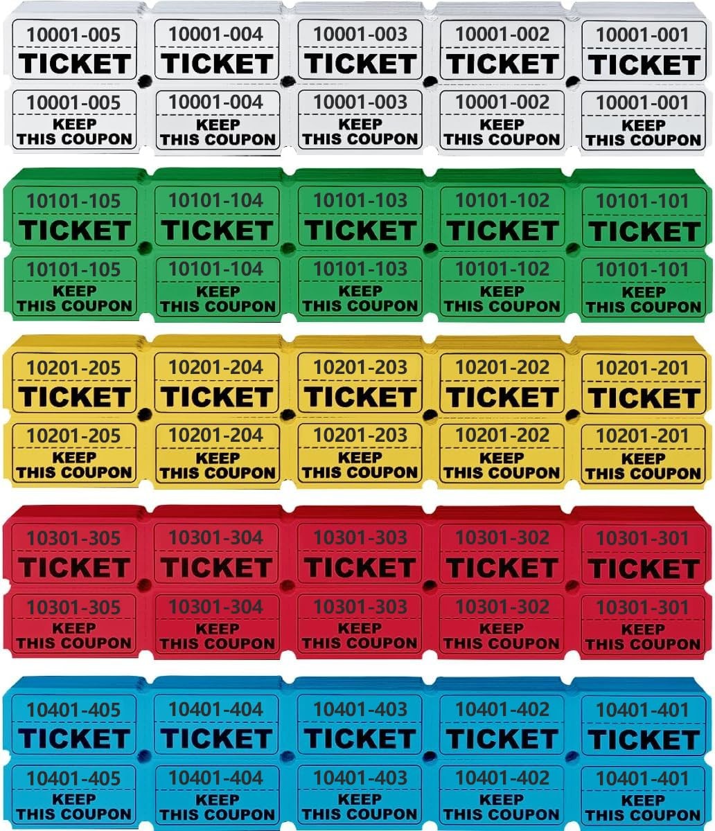 1000 Raffle Tickets Double Stub 500 Pairs 5 Colors for Events Carnival Party