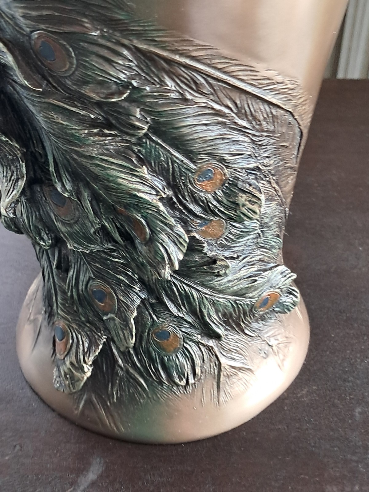 Bronze Style Prunus And Peacock Large Decorative Flower Vase ~ 19.5" Signed