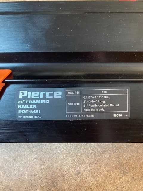 PIERCE MAGNESIUM FRAMING NAILER M21 AIR TOOL, NEW (NO BOX) 59580 (B6)
