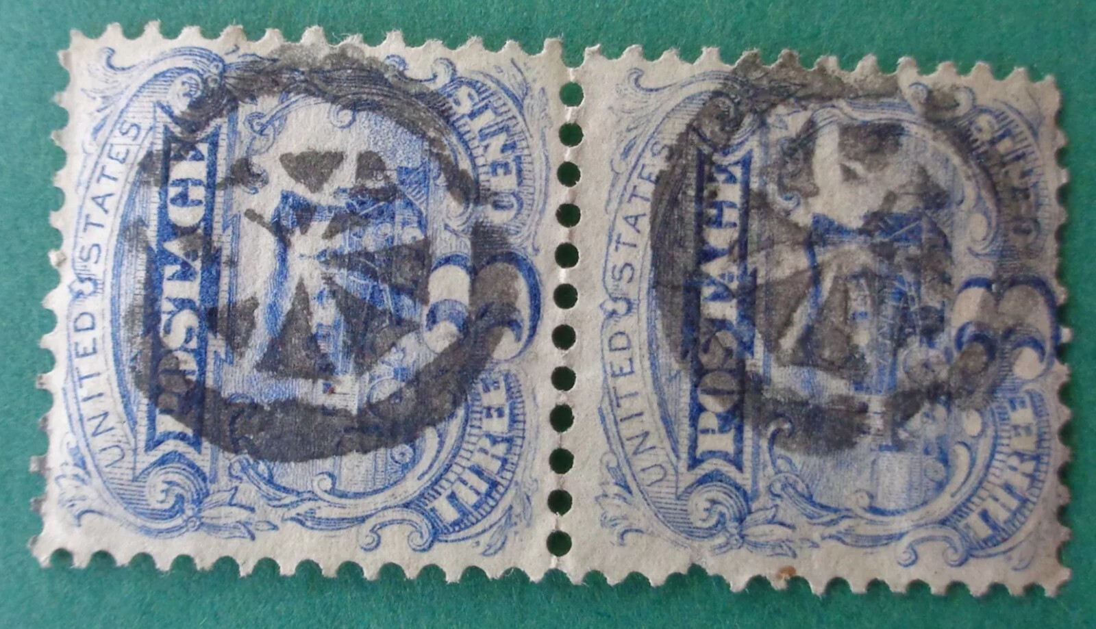 114 (3c Pictorial) - PAIR w 2 GEOMETRIC FANCY CANCELS - WELL STRUCK - WoW ! !
