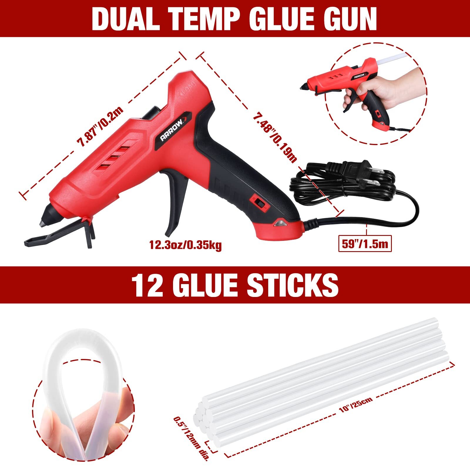 Arrow Heavy Duty Hot Glue Gun Kits High/Low Temp Glue Gun w/12PC Glue Gun Sticks