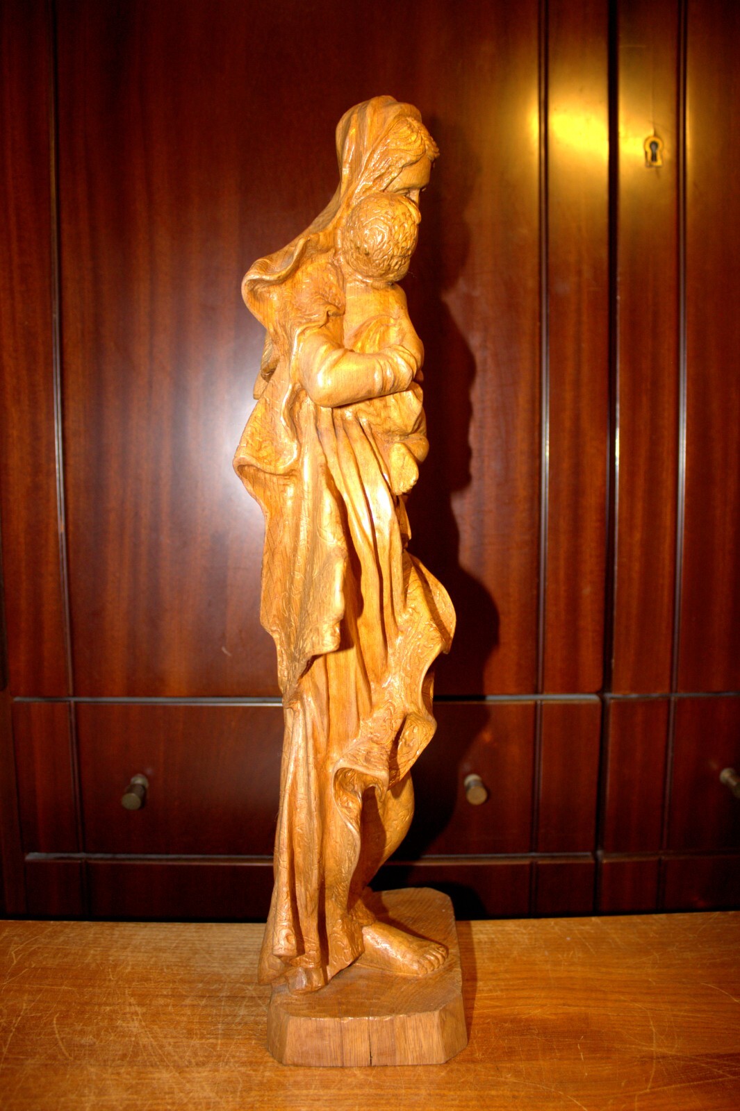 ANTIQUE 20" HAND CARVED WOOD CATHOLIC VIRGIN MARY OUR LADY JESUS STATUE FIGURE