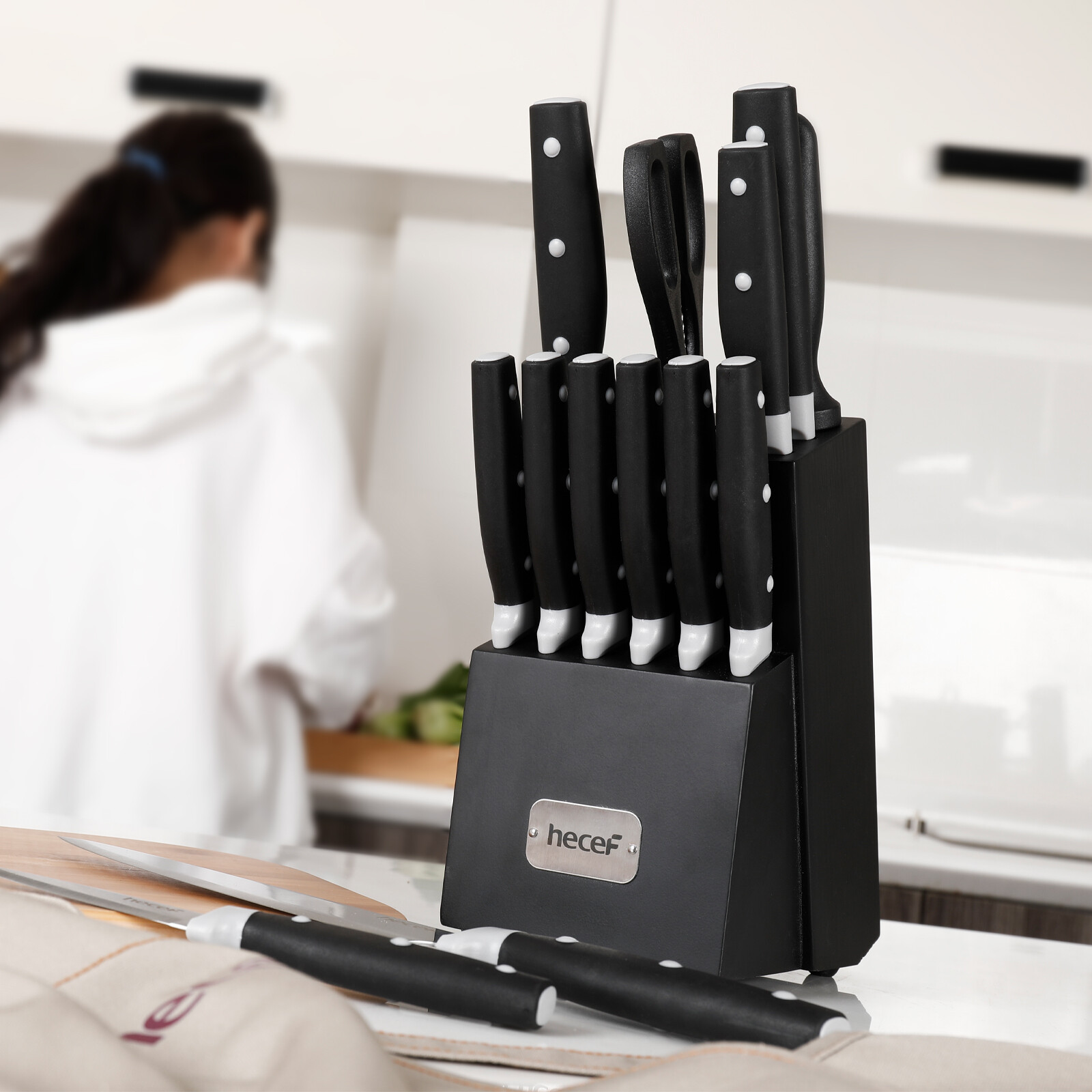 14 PCS Kitchen Knife Block Set High Carbon Stainless Steel Cutlery w/ Sharpener
