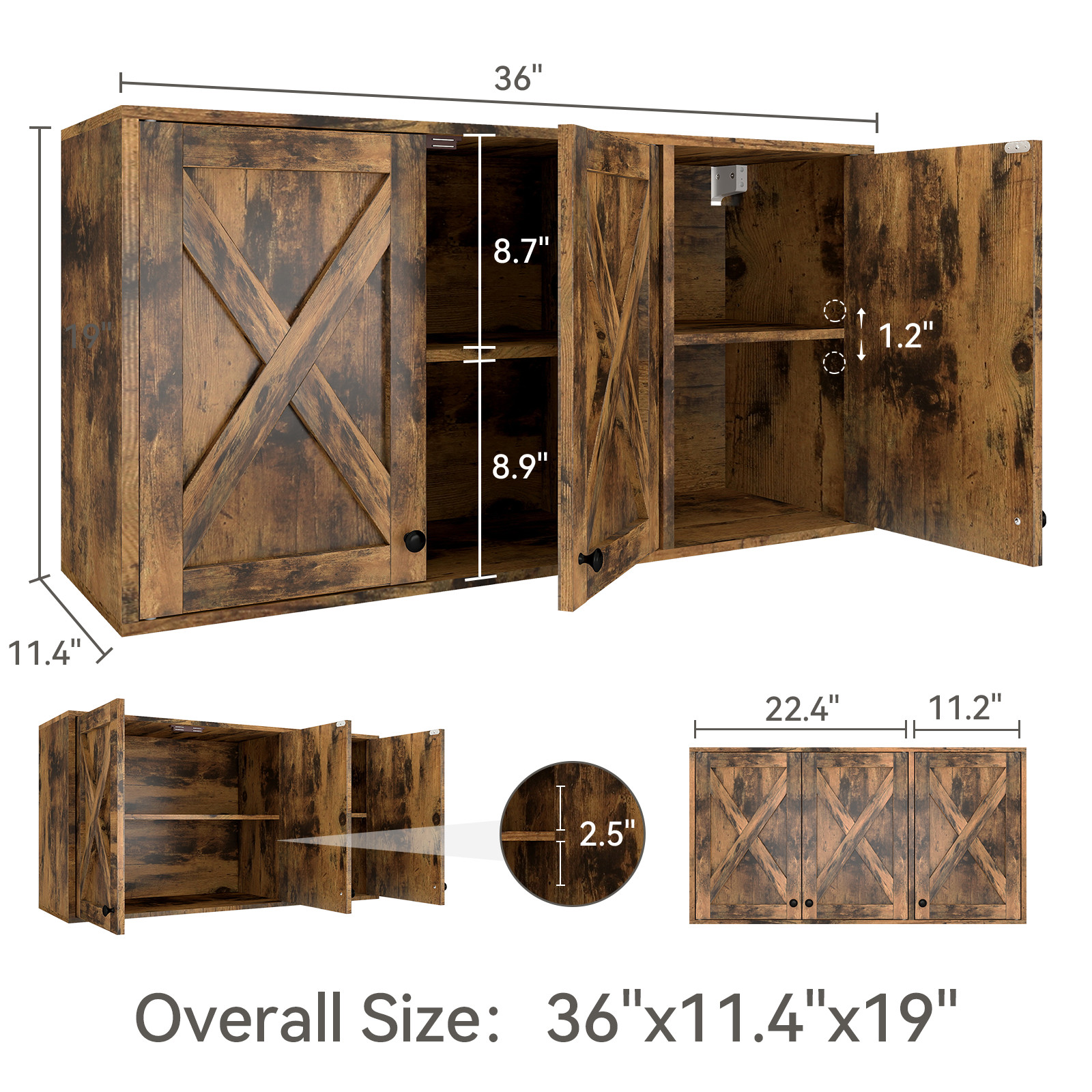 36" 3-Door Wall Cabinet – Storage Organizer for Bathroom, Laundry Room, Kitchen