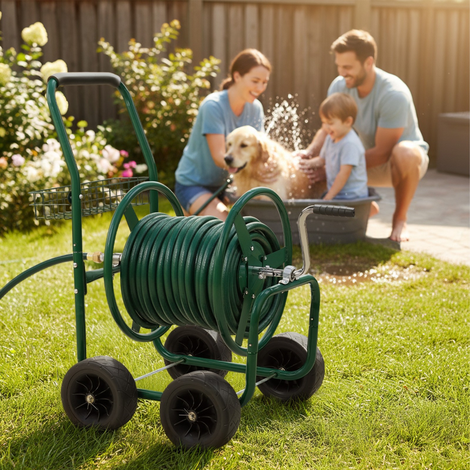 Hose Reel Cart with Storage Basket Green Holds 250 ft Hose