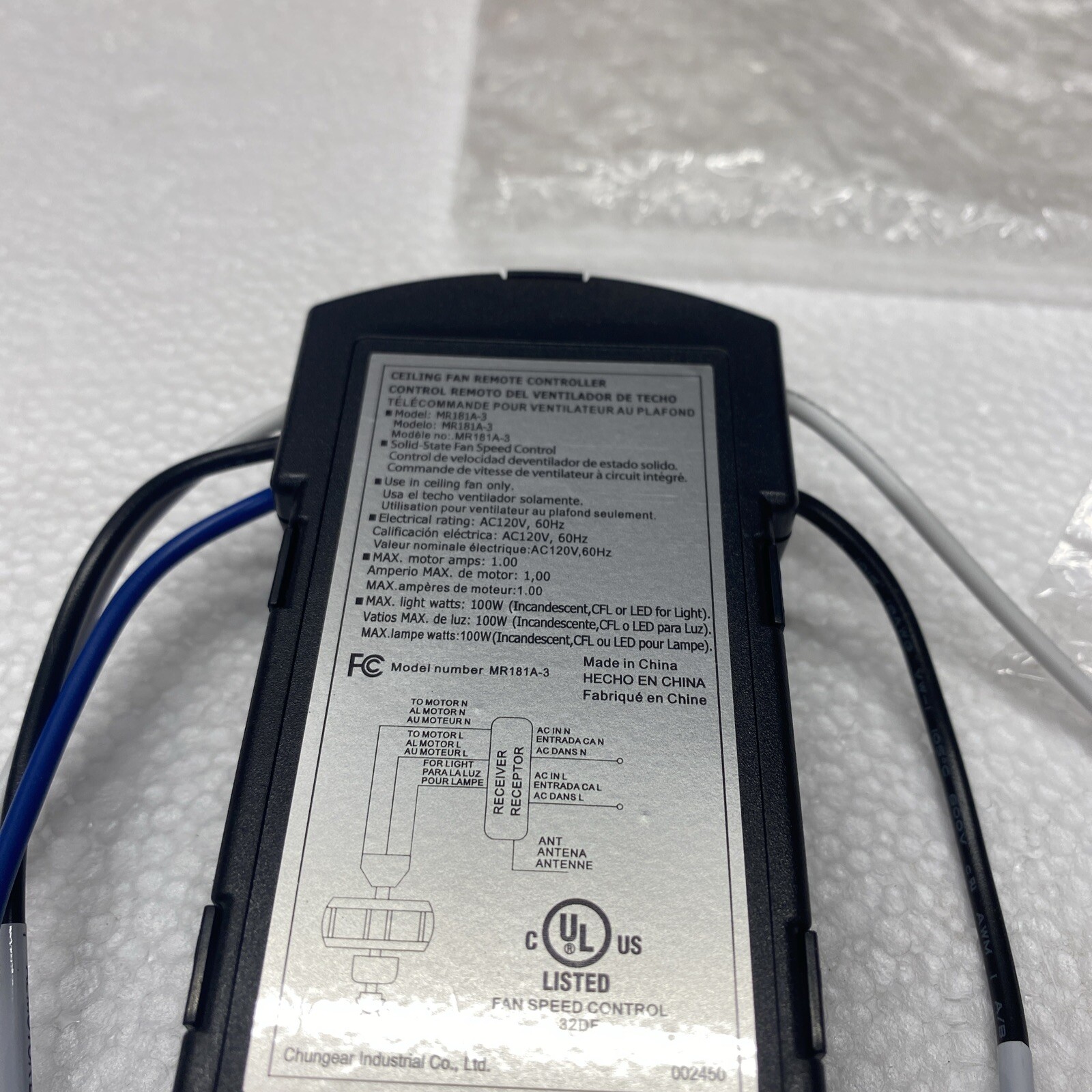 Fanimation Receiver & Remote MR181A-3 Ceiling Fan RCCA050050005 JH-01