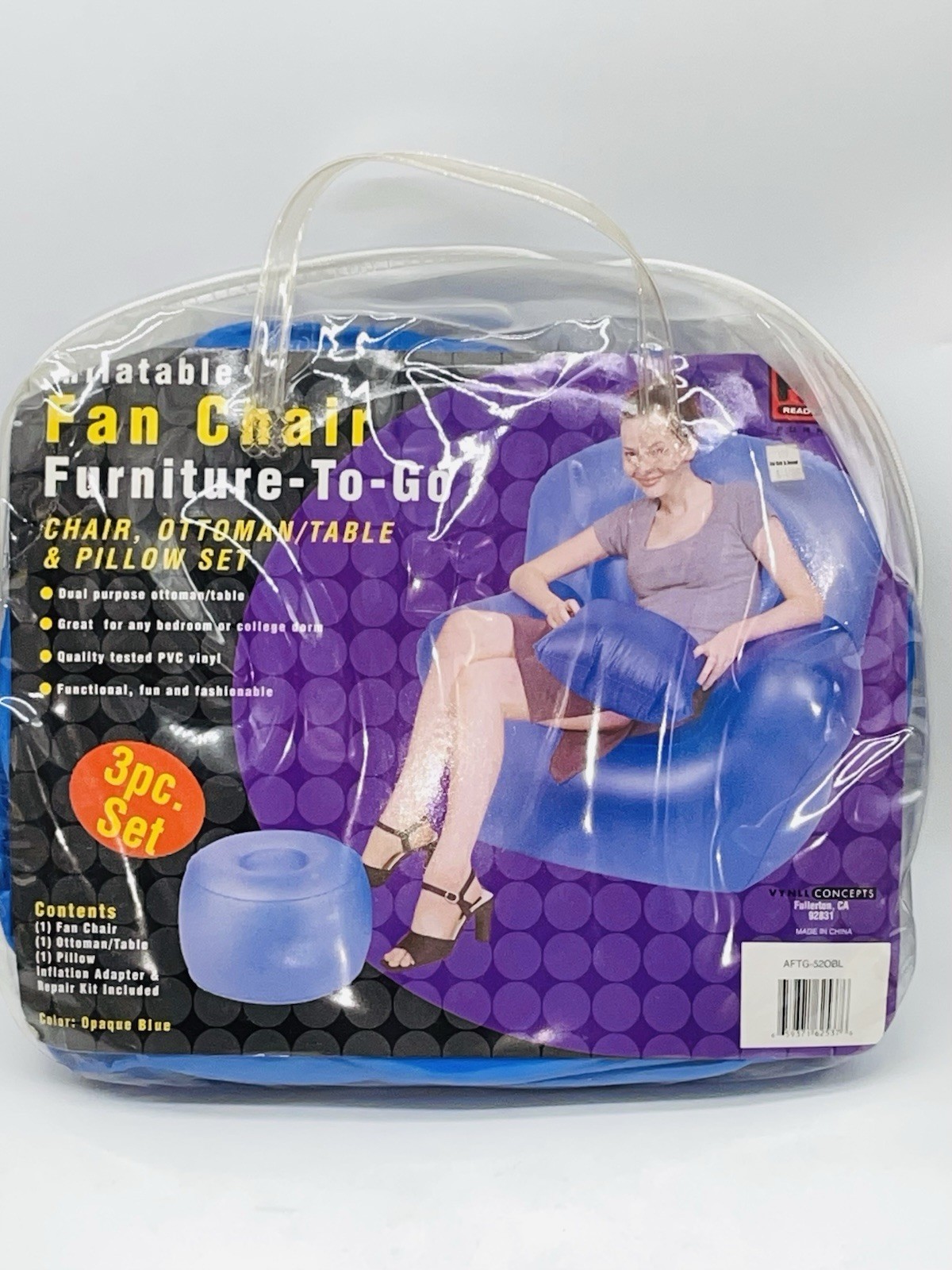 Inflatable 3 Pcs Chair Ottoman Furniture Blue Adult Sz 90s Y2K Retro Dorm RARE