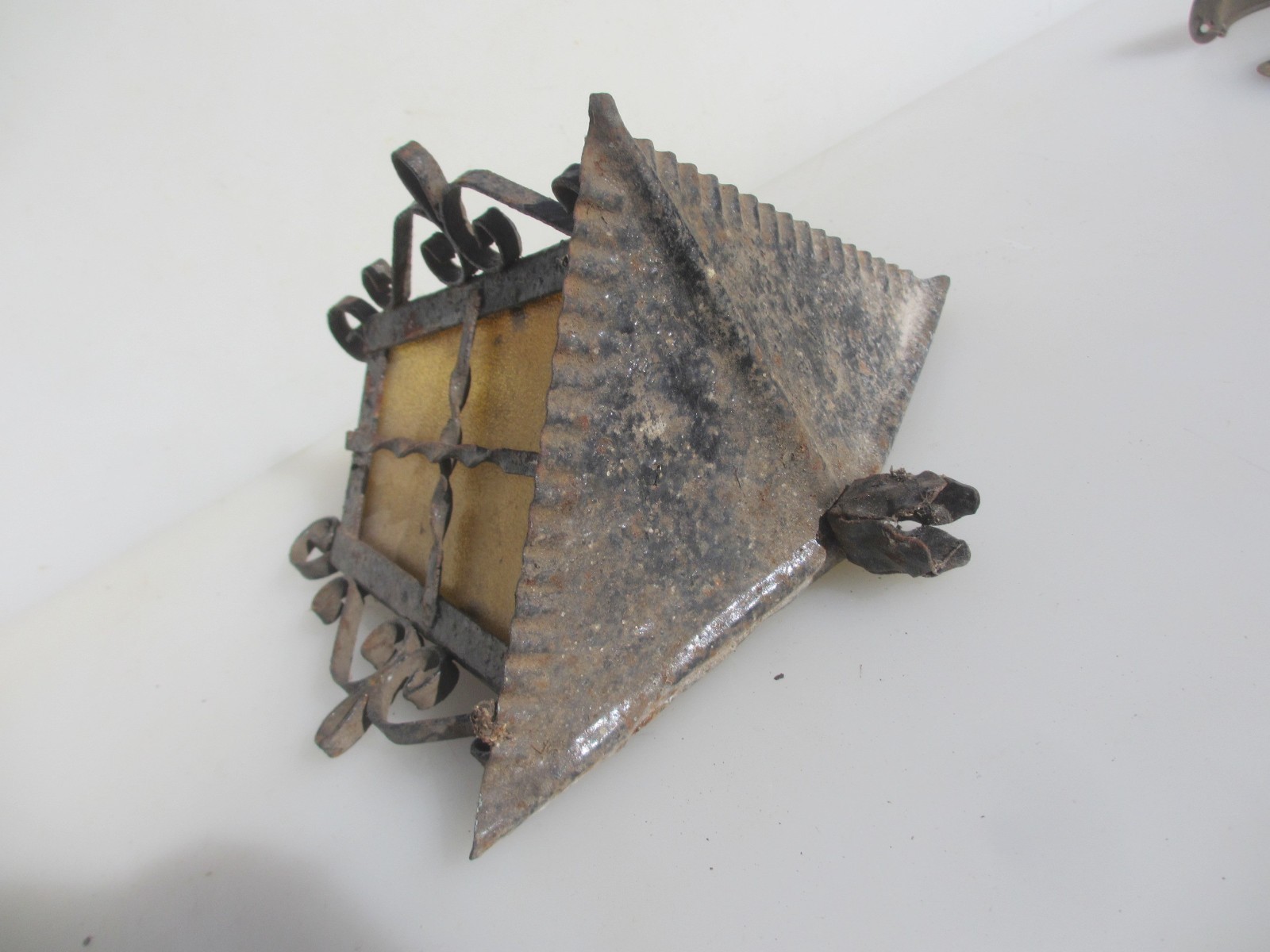 Vintage Wrought Iron Garden Light Shade Yellow Glass Antique Lantern