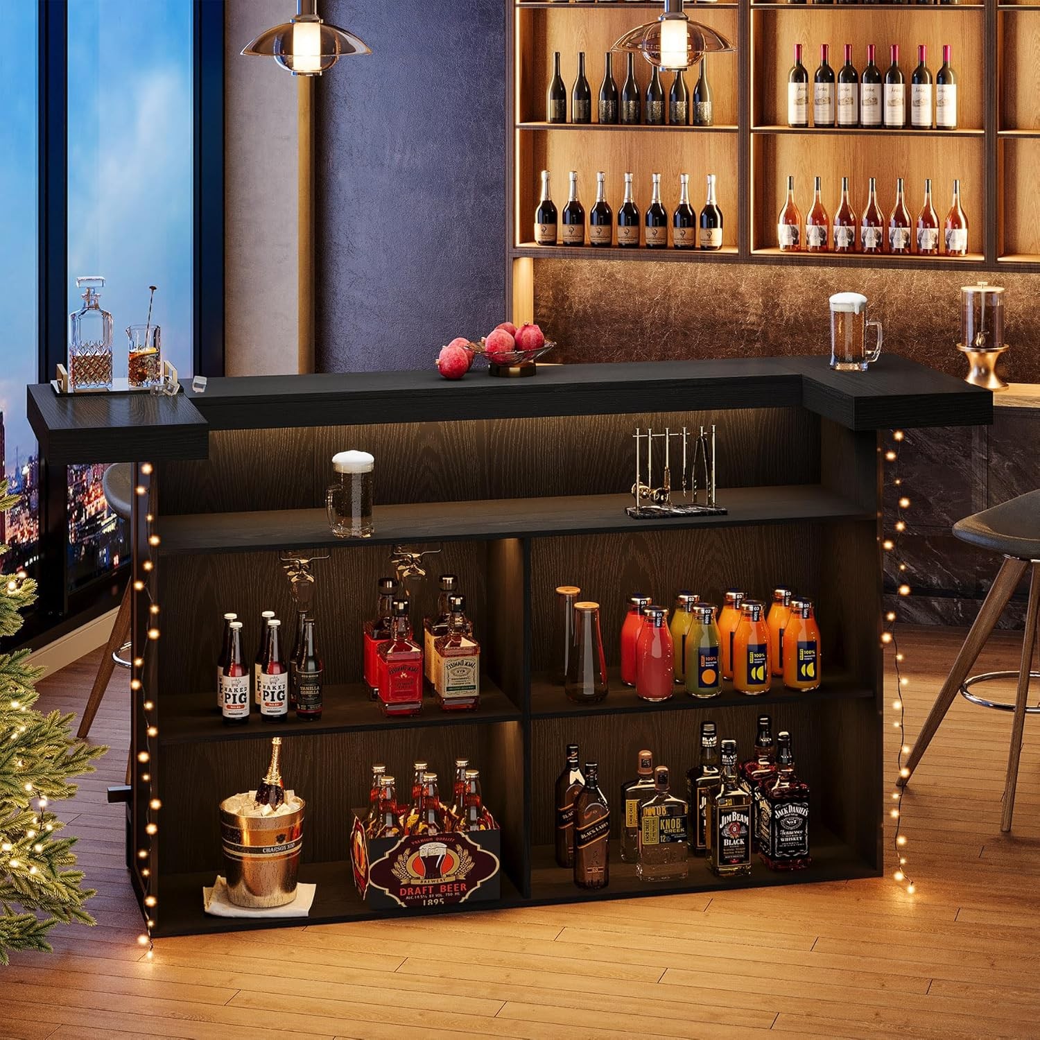 4-Tier Black Bar Table, 70.9-Inch Large Wooden Home Bar Unit with Storage Shelf