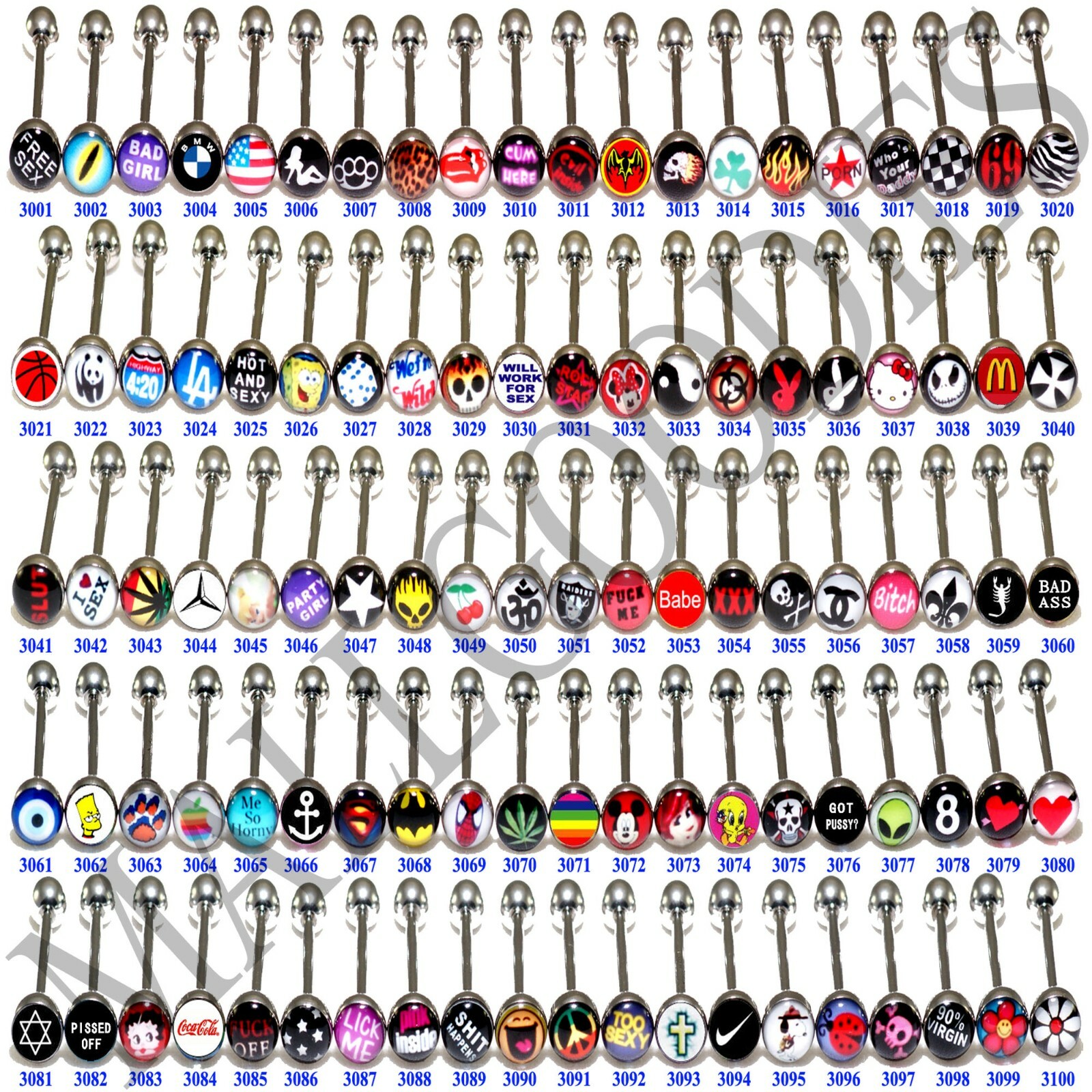 V100 Metal Tongue Rings Steel Barbells Funny Wording Logo YOU PICK QTY & DESIGNS